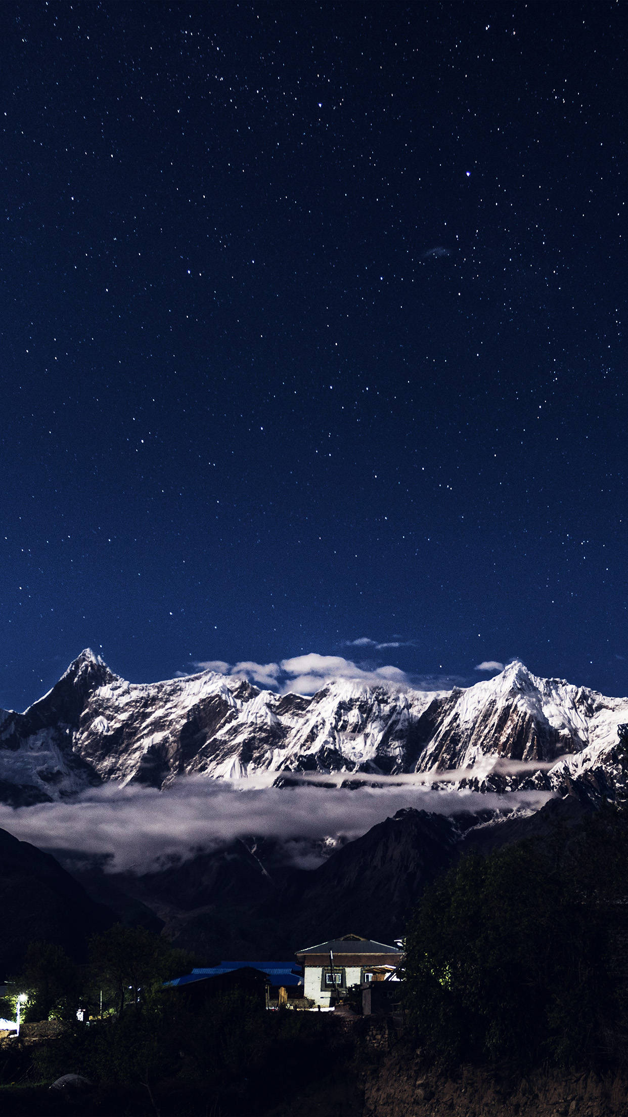 Night Mountain, starry night sky, snow-capped mountains, Full HD Phone Wallpaper