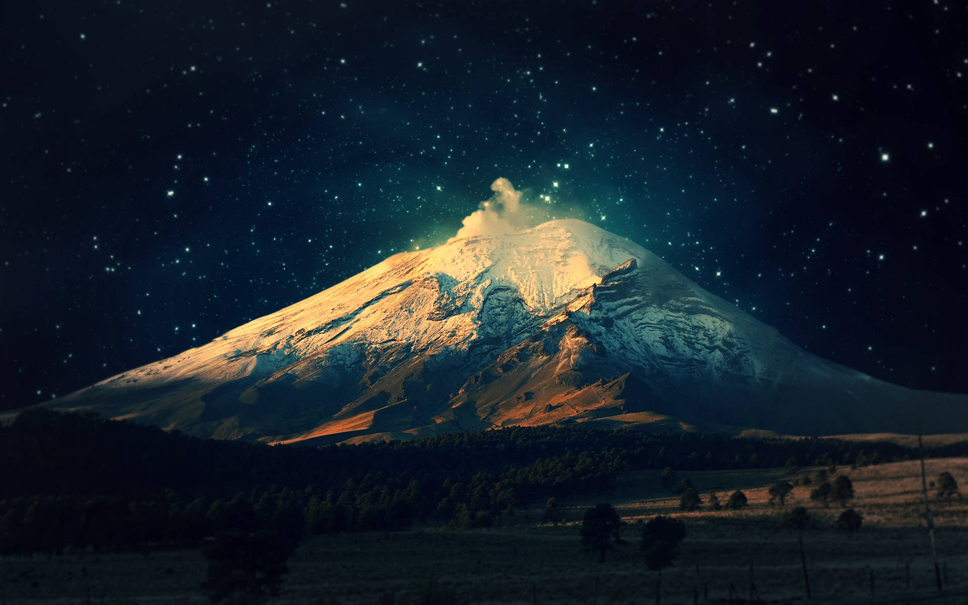 Night Mountain, snow-capped mountain, starry night sky, Full HD Desktop Wallpaper