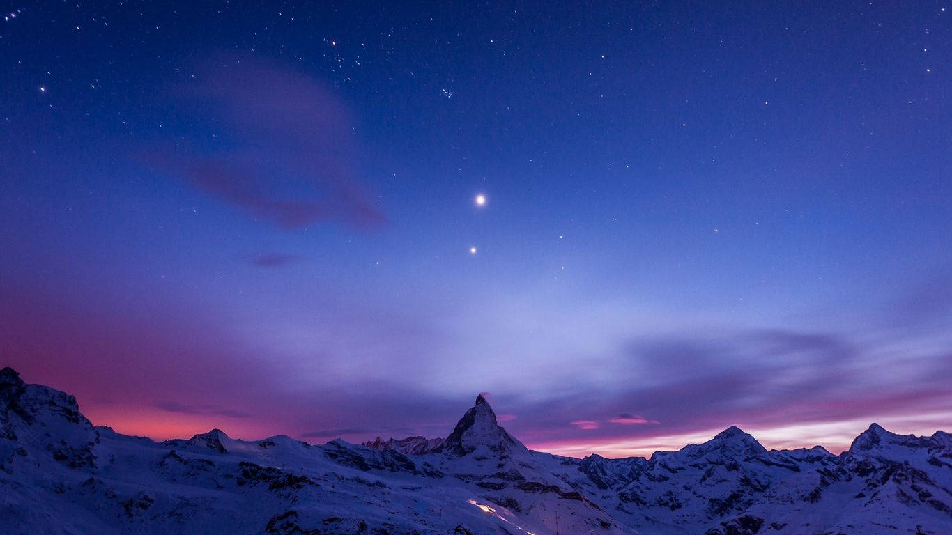Night Mountain, snowcapped mountain peaks, starry twilight sky, HD Desktop Wallpaper