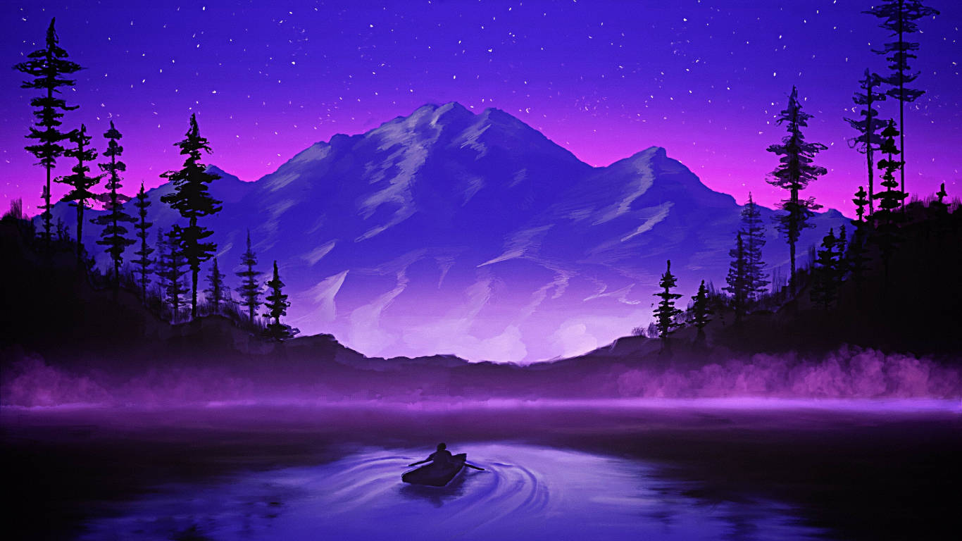 Night Mountain, misty lake, starry purple sky, HD Desktop Wallpaper