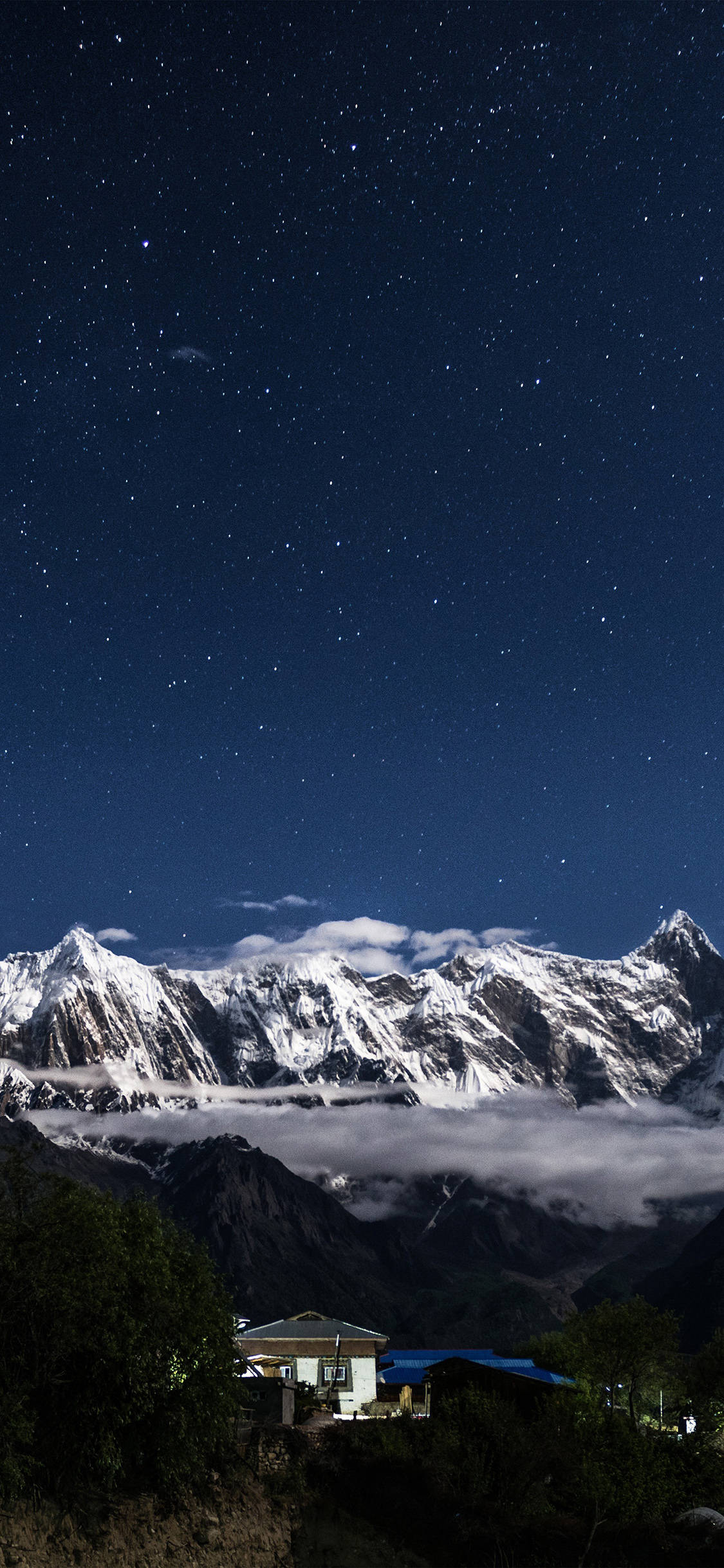 Night Mountain, snow-capped mountains, starry night sky, Full HD Phone Wallpaper