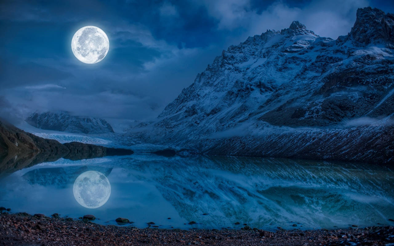 Night Mountain, full moon, snow-capped mountains, HD Desktop Wallpaper