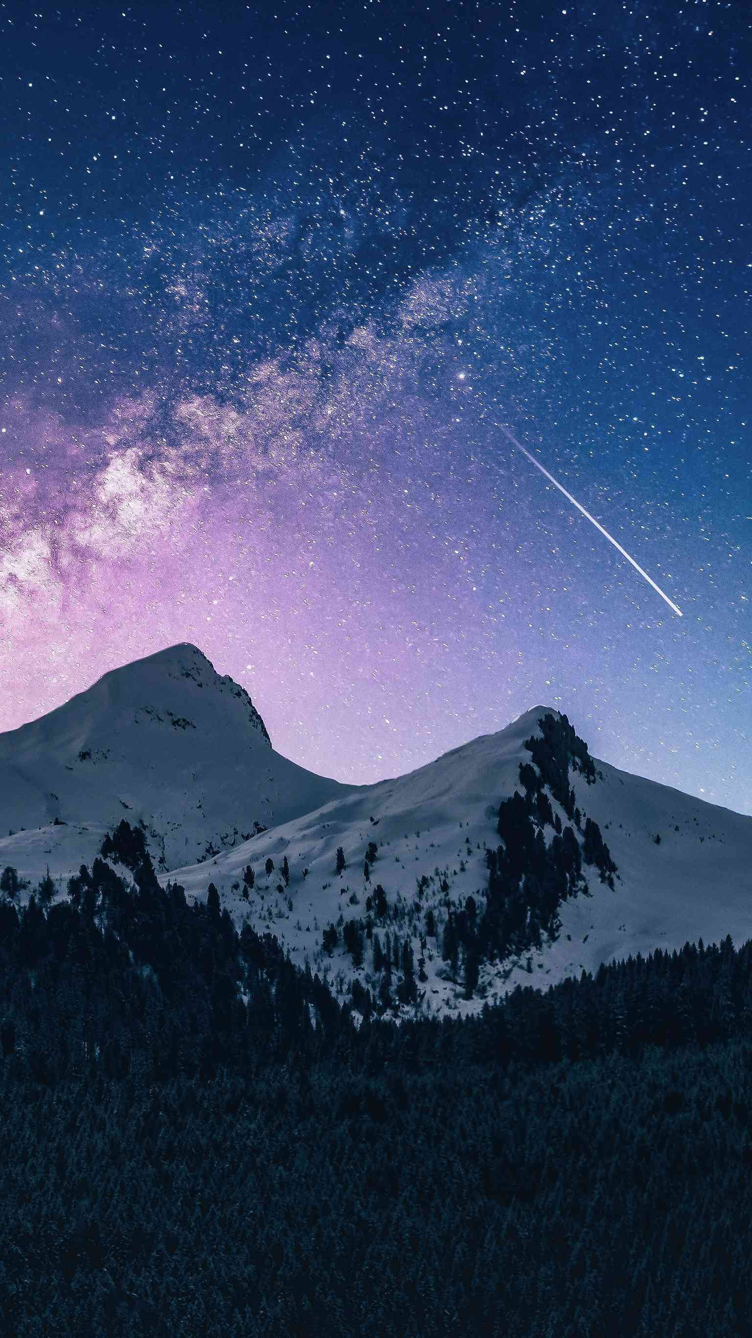 Night Mountain, snowy mountain peaks, vibrant purple and blue starry sky, 2K Phone Wallpaper