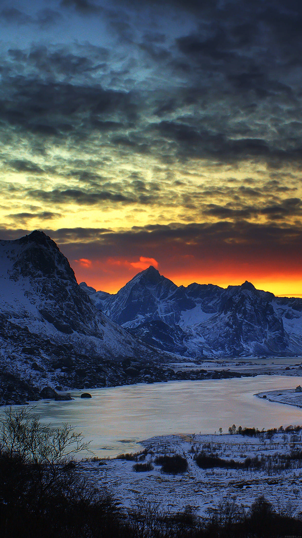Night Mountain, frozen fjord, fiery sunset clouds, Full HD Phone Wallpaper