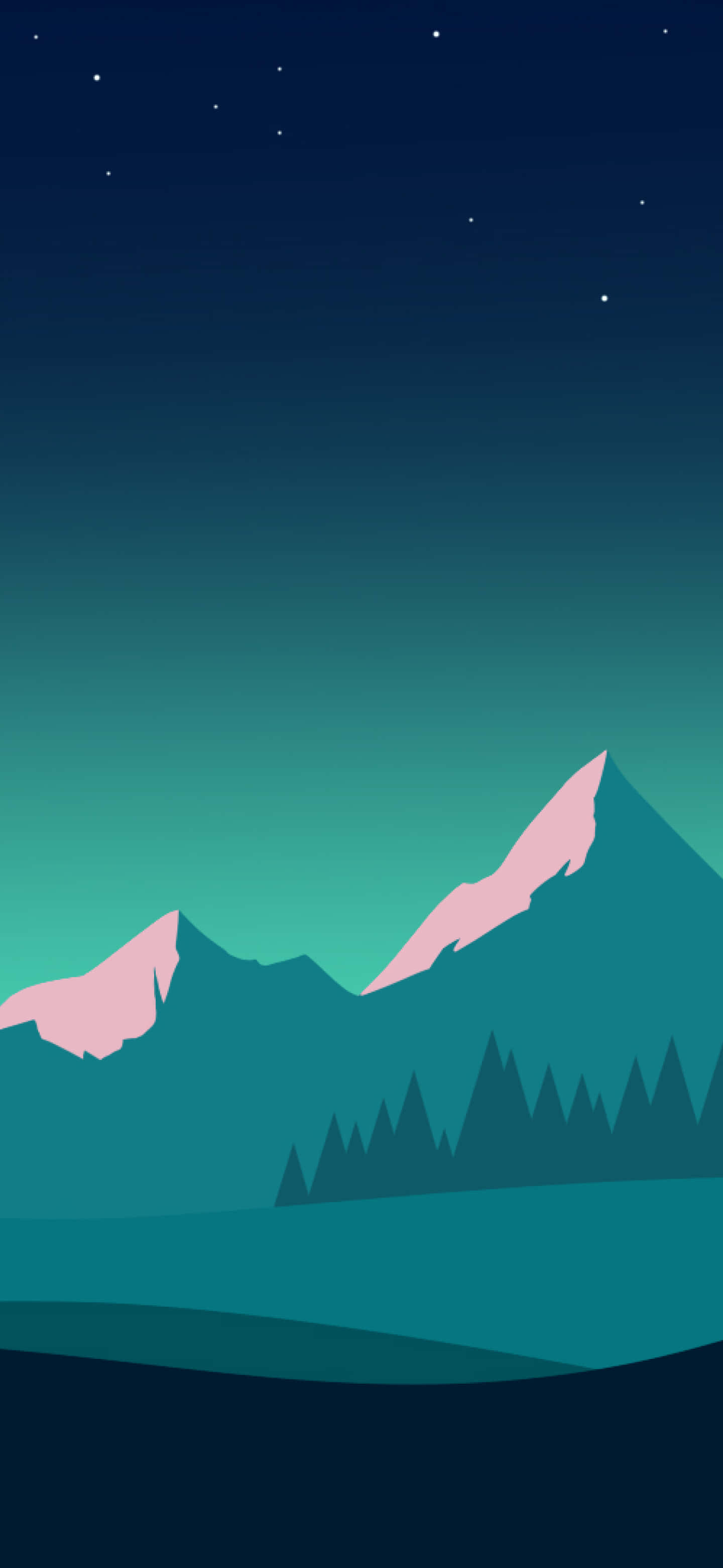 Starry Night Mountain, pink-capped mountains, dark pine trees, 2K Phone Wallpaper
