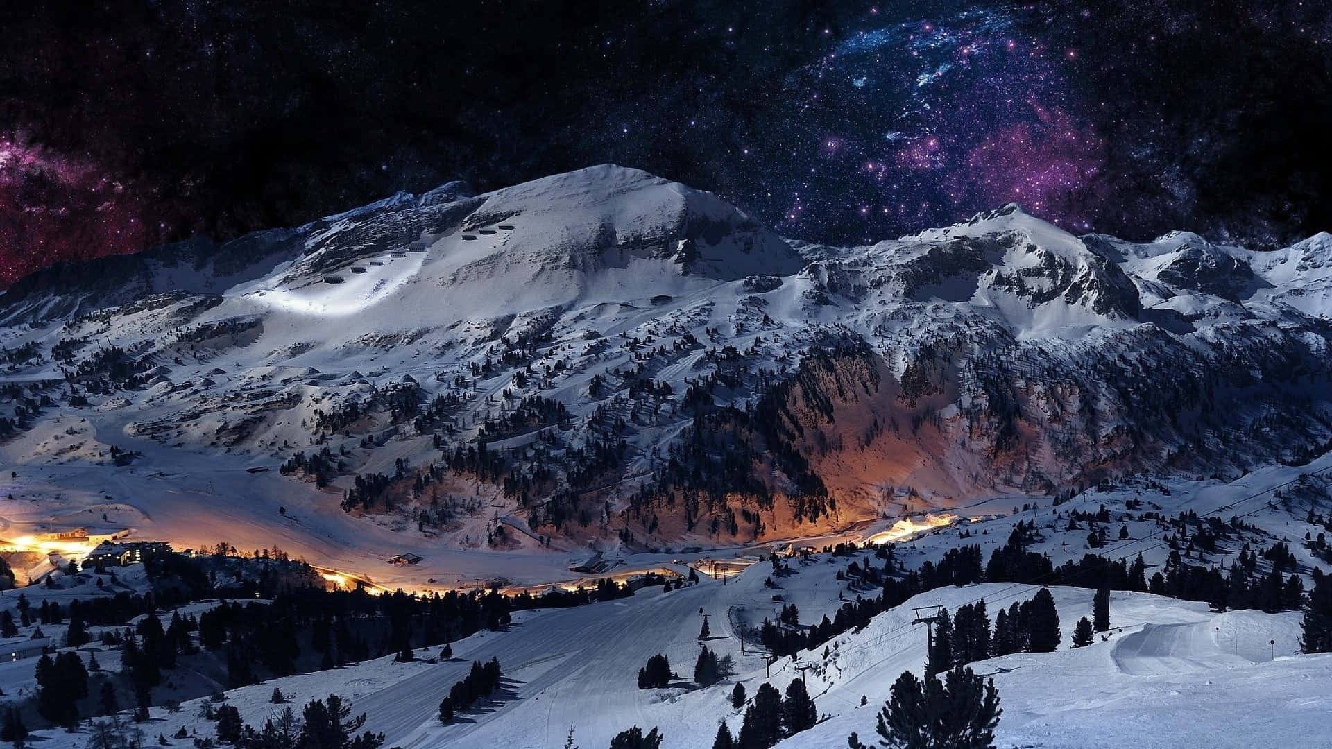 Snowy Mountain, vibrant starry sky, purple nebulae, Full HD Desktop Wallpaper