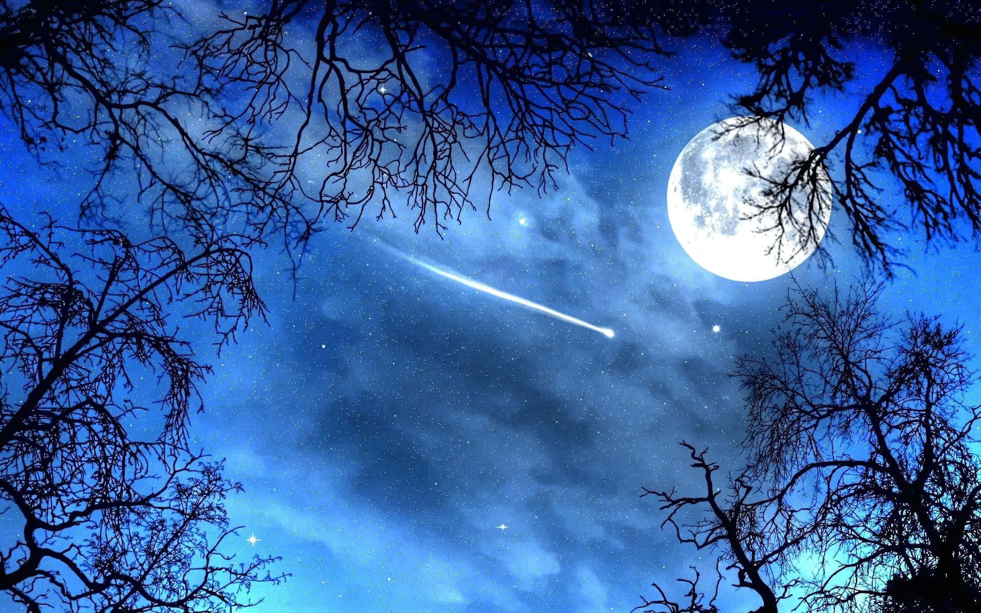 full moon, shooting star, starry night sky, Full HD Desktop Wallpaper