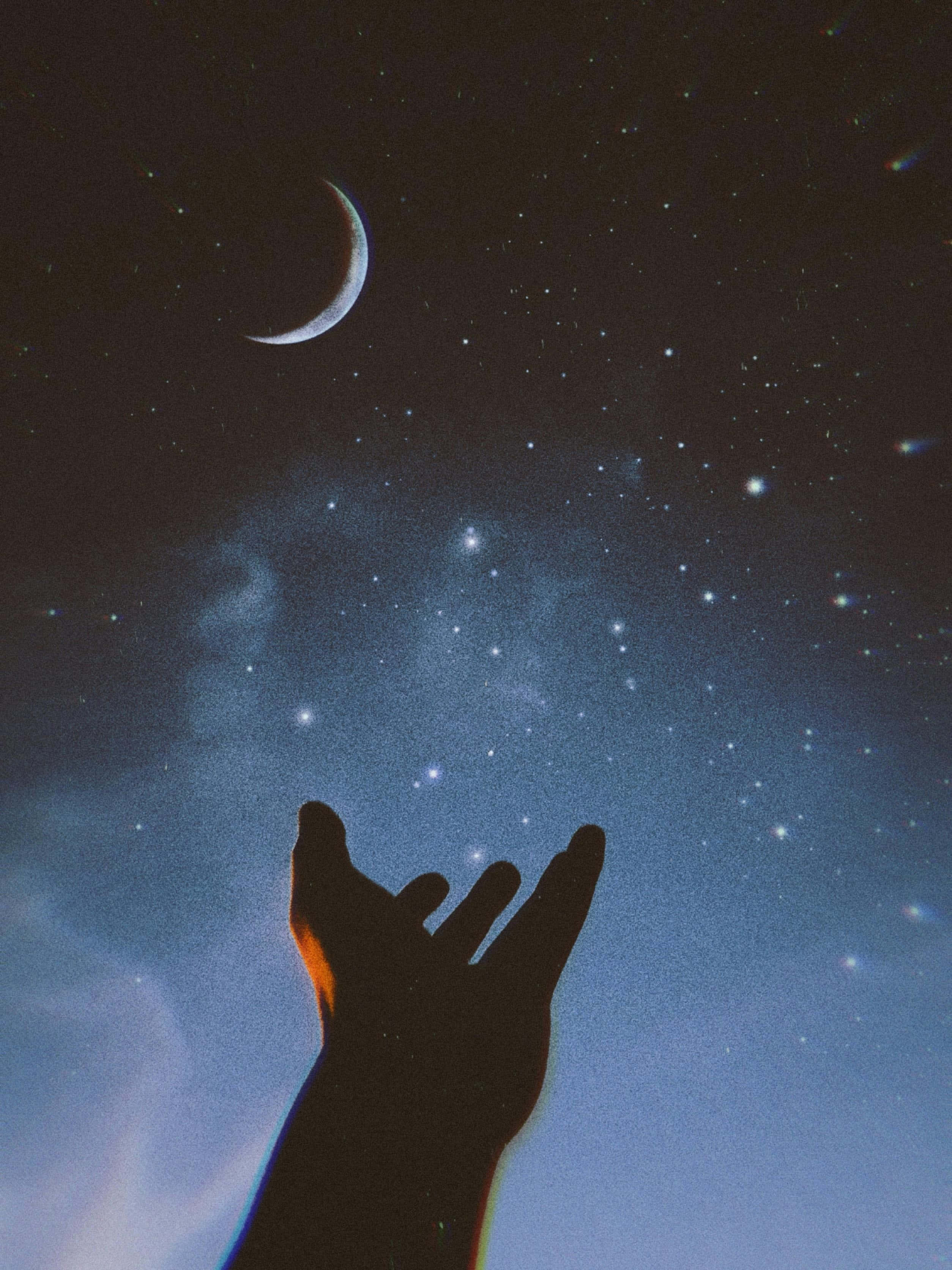 crescent moon, starry night sky, hand, 2K Phone Wallpaper
