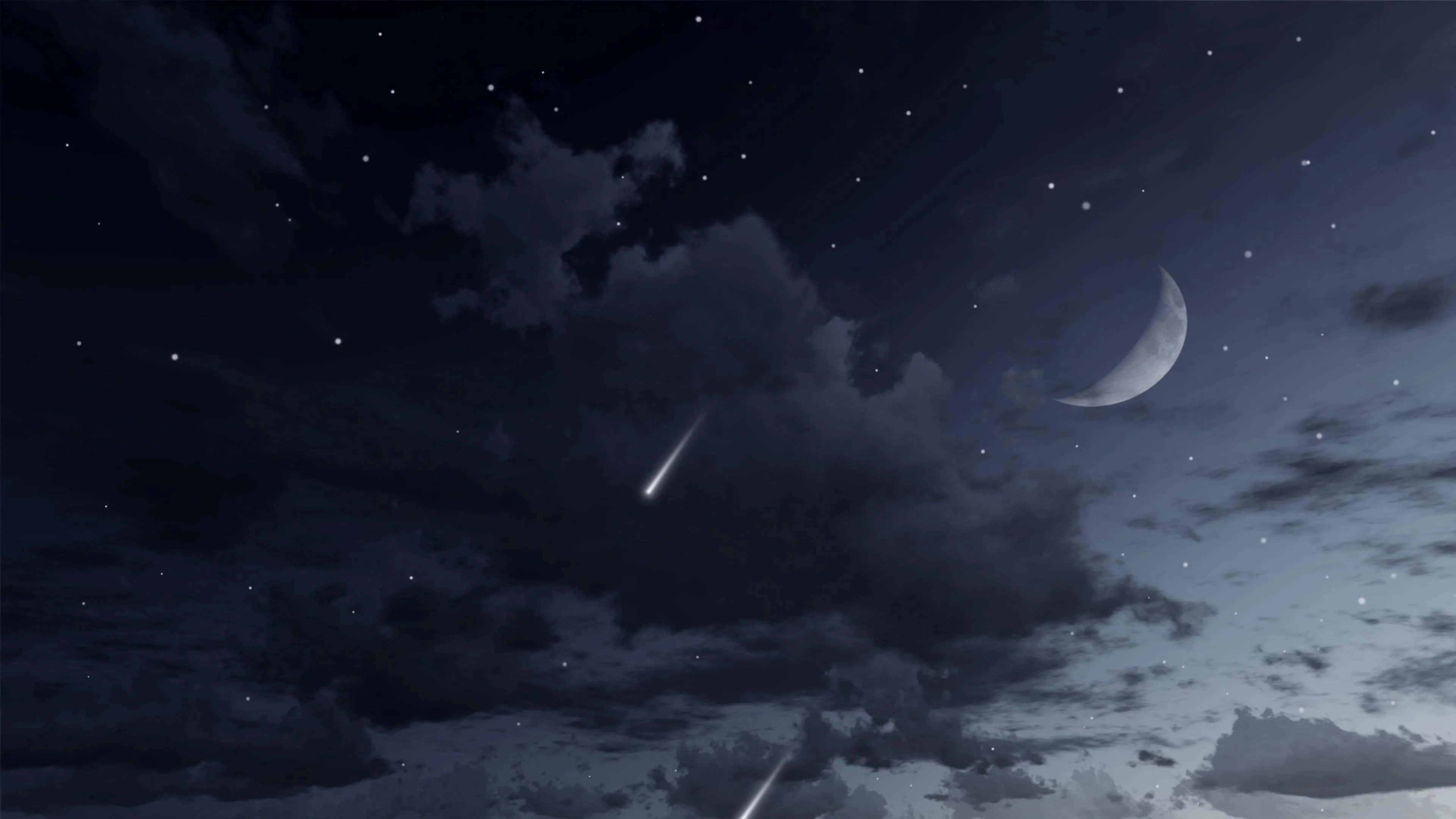 crescent moon, shooting stars, night sky, 4K Desktop Wallpaper