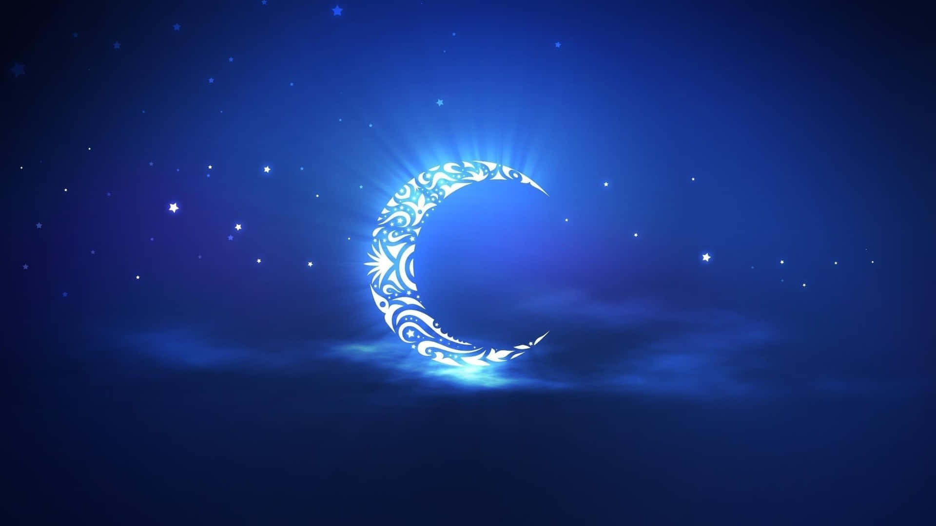 enchanted crescent moon, deep blue starry night sky, soft clouds, Full HD Desktop Wallpaper