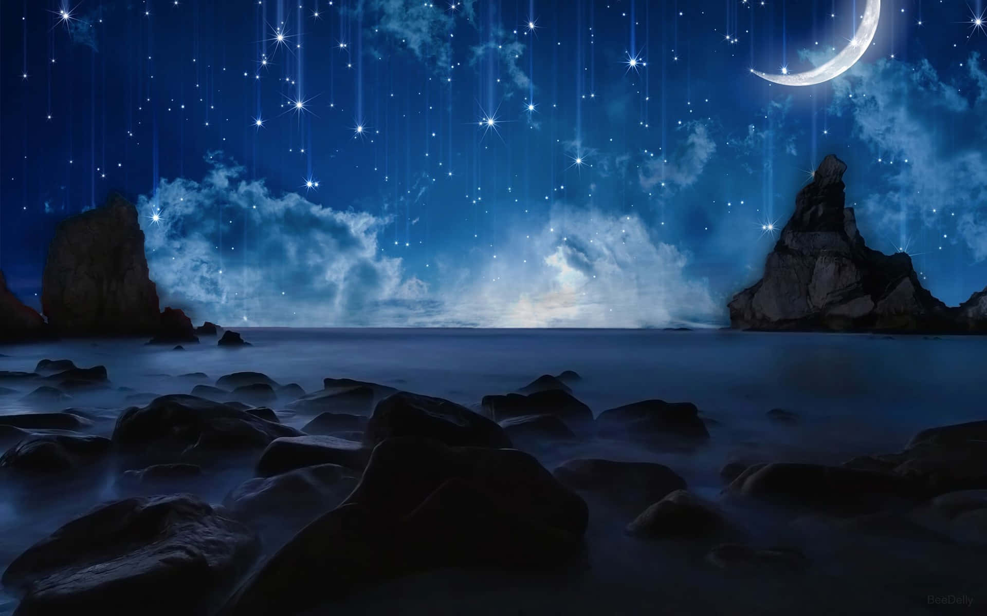 crescent moon, sparkling stars, rocky shoreline, Full HD Desktop Wallpaper