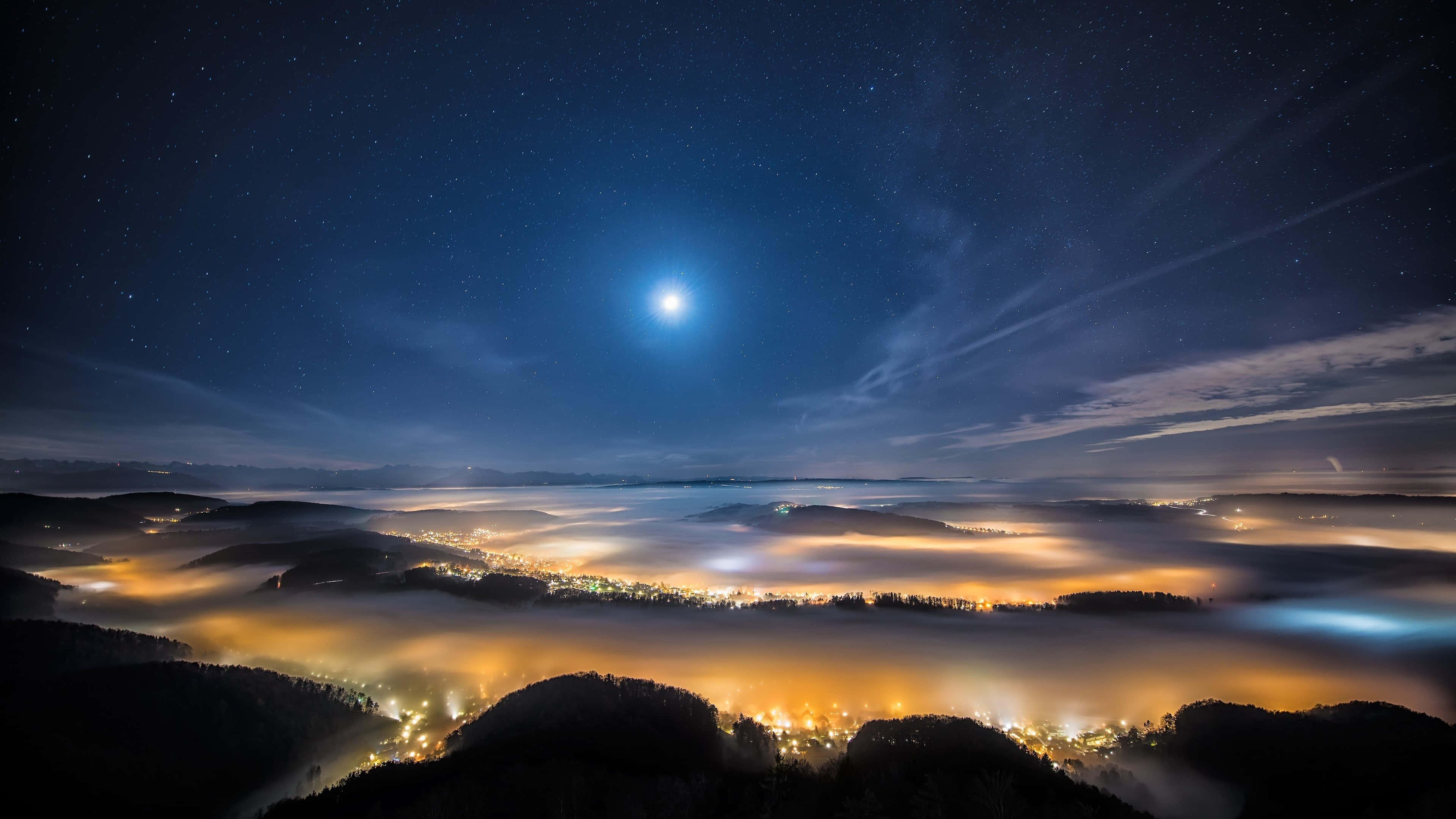 moonlit valley, glowing fog, dark forested hills, 4K Desktop Wallpaper