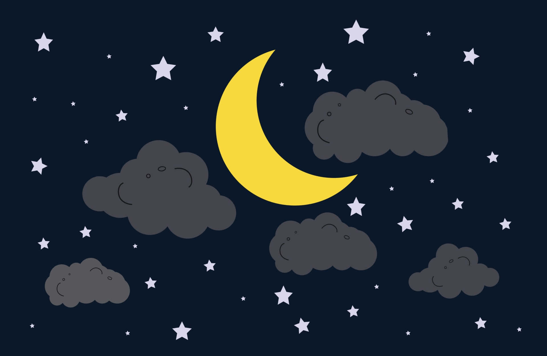 starry night, crescent moon, gray clouds, Full HD Desktop Wallpaper