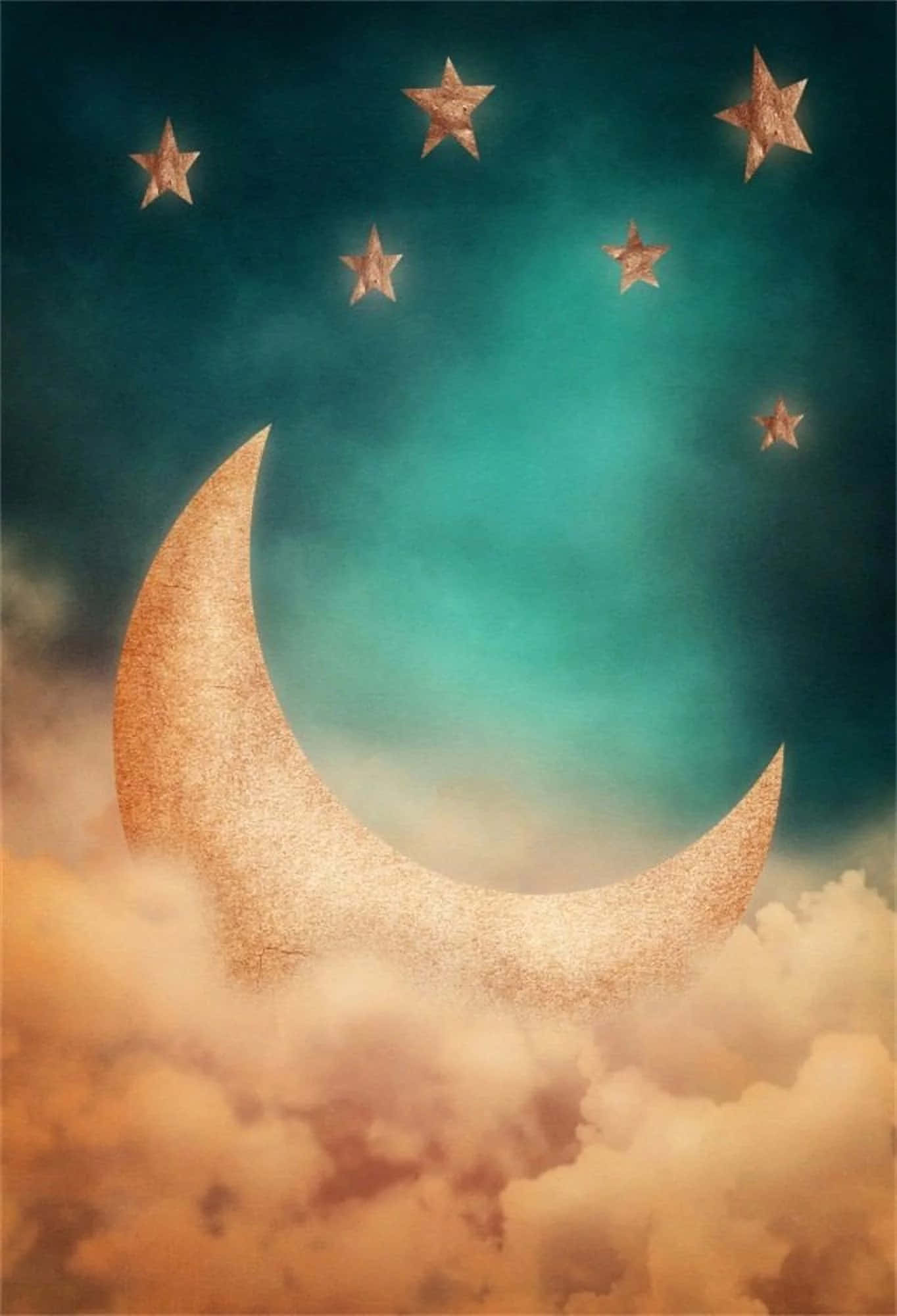 crescent moon, golden stars, warm clouds, Full HD Phone Wallpaper