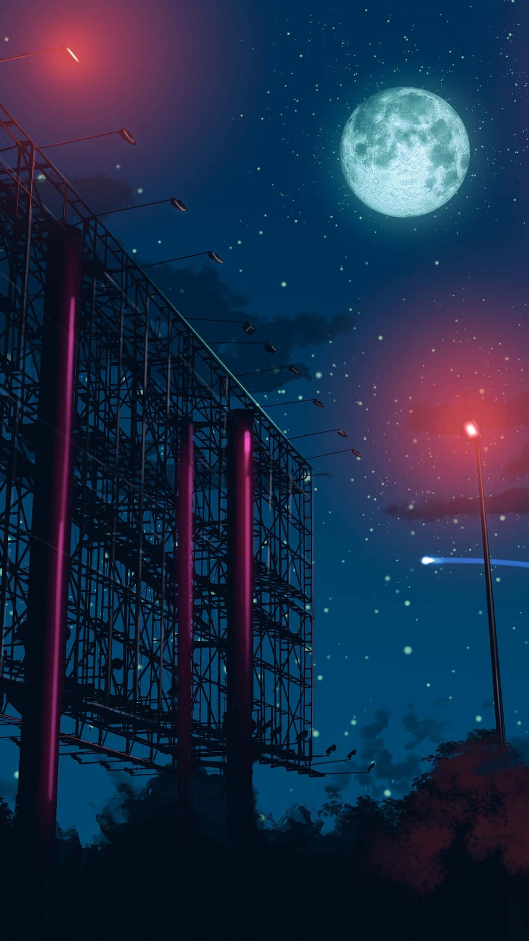 starry night, neon-lit billboard frame, glowing moon, Full HD Phone Wallpaper