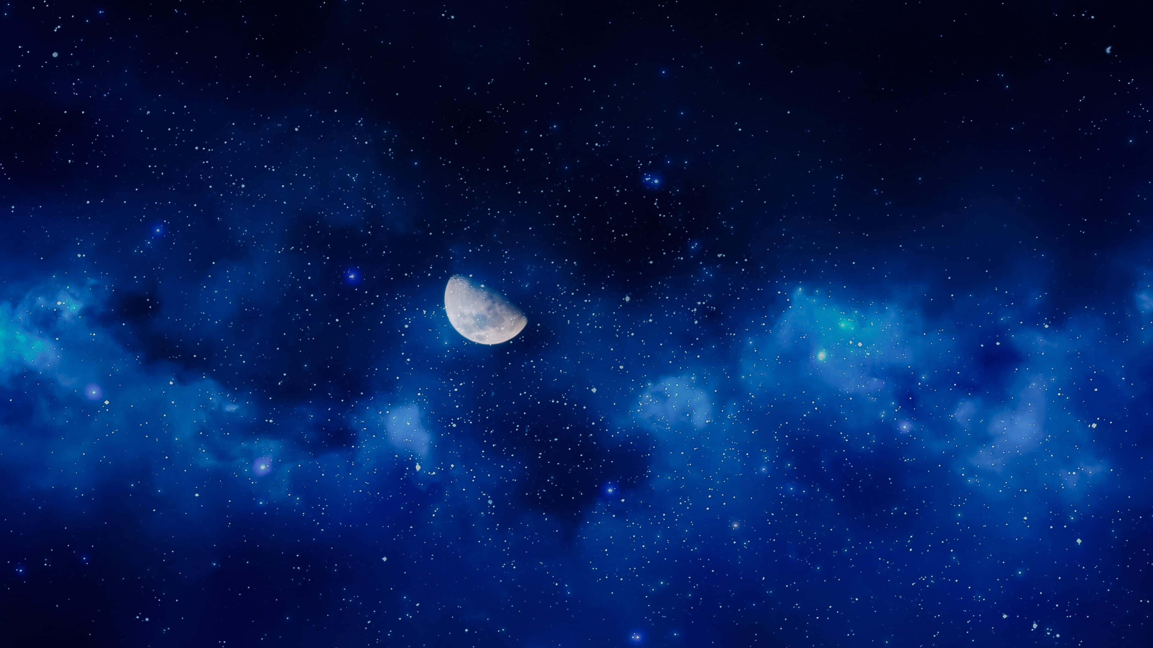 crescent moon, swirling blue nebulae, countless twinkling stars, 4K Desktop Wallpaper