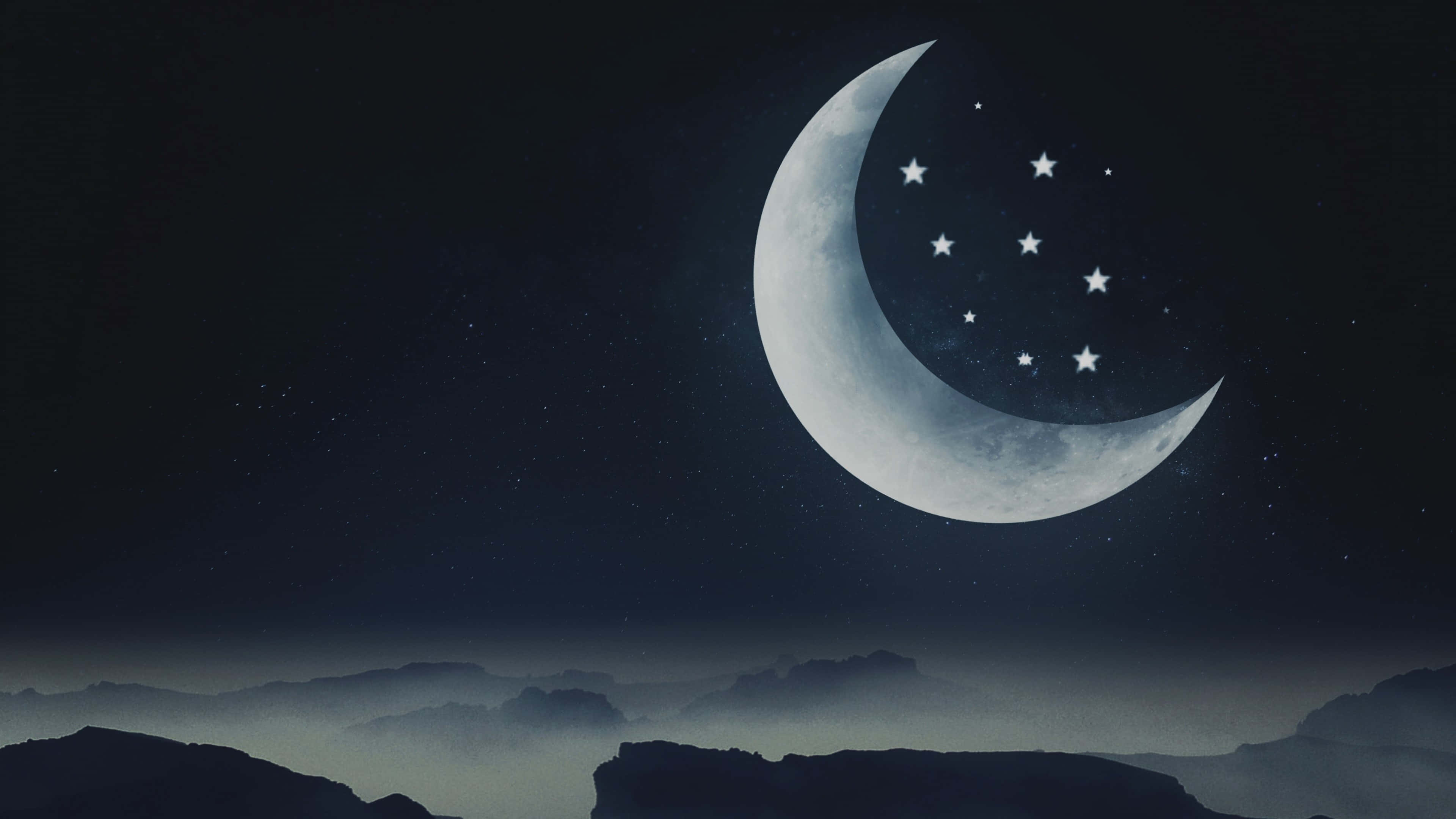 crescent moon, mountains, starry night sky, 4K Desktop Wallpaper