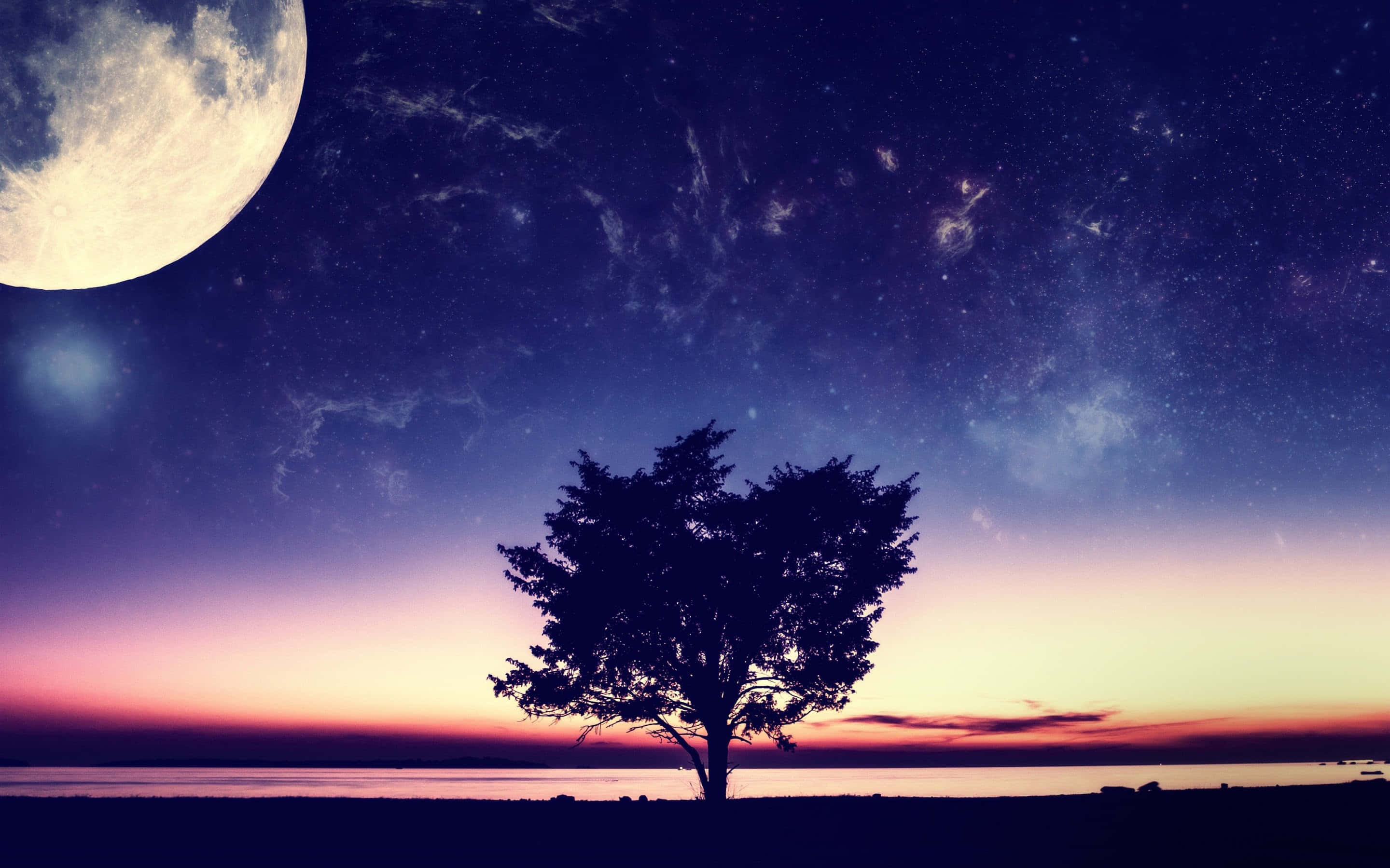 starry night sky, luminous moon, twilight sky, 2K Desktop Wallpaper