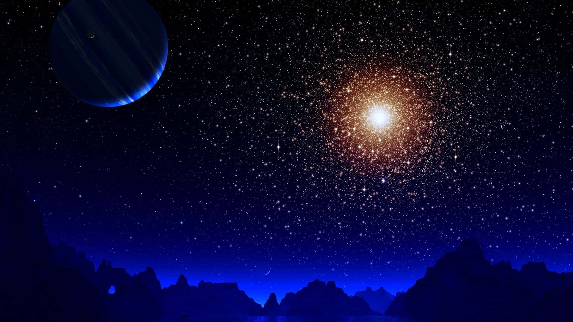 Starry Night Sky, glowing star cluster, blue planet, Full HD Desktop Wallpaper
