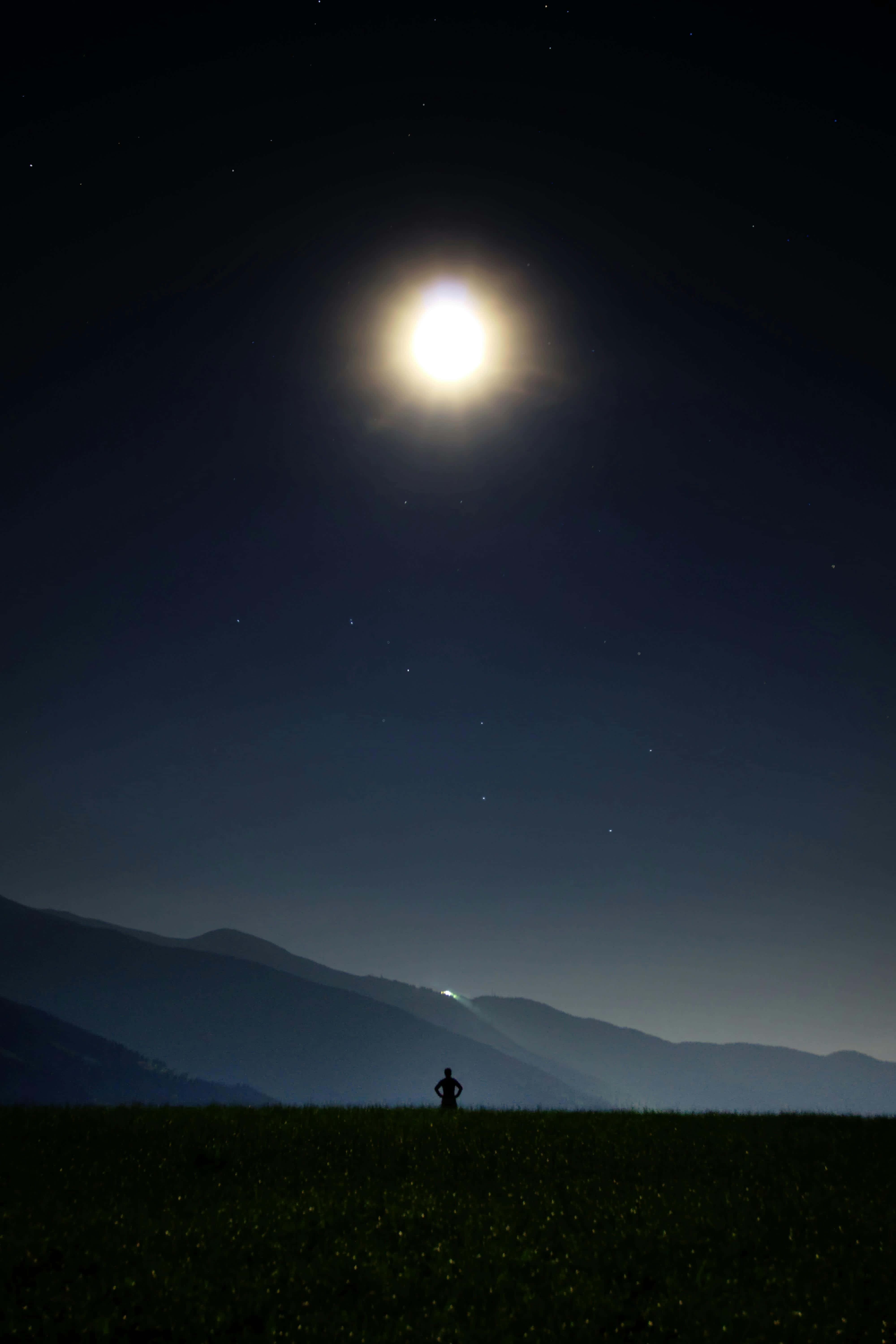 full moon, starry night sky, grassy field, 5K Phone Wallpaper