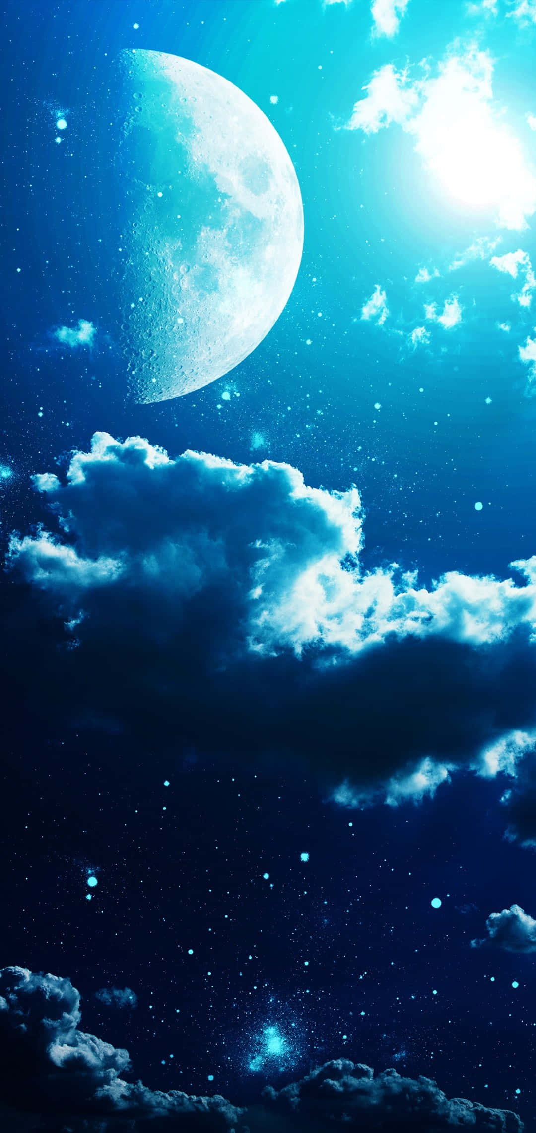 starry twilight sky, luminous crescent moon, swirling clouds, Full HD Phone Wallpaper