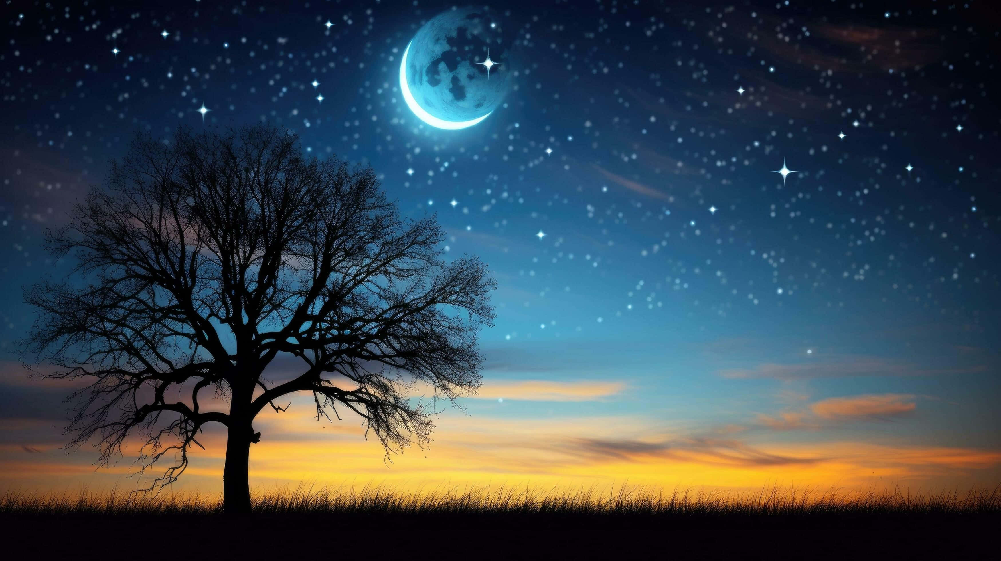 twilight sky, crescent moon, twinkling stars, 2K Desktop Wallpaper