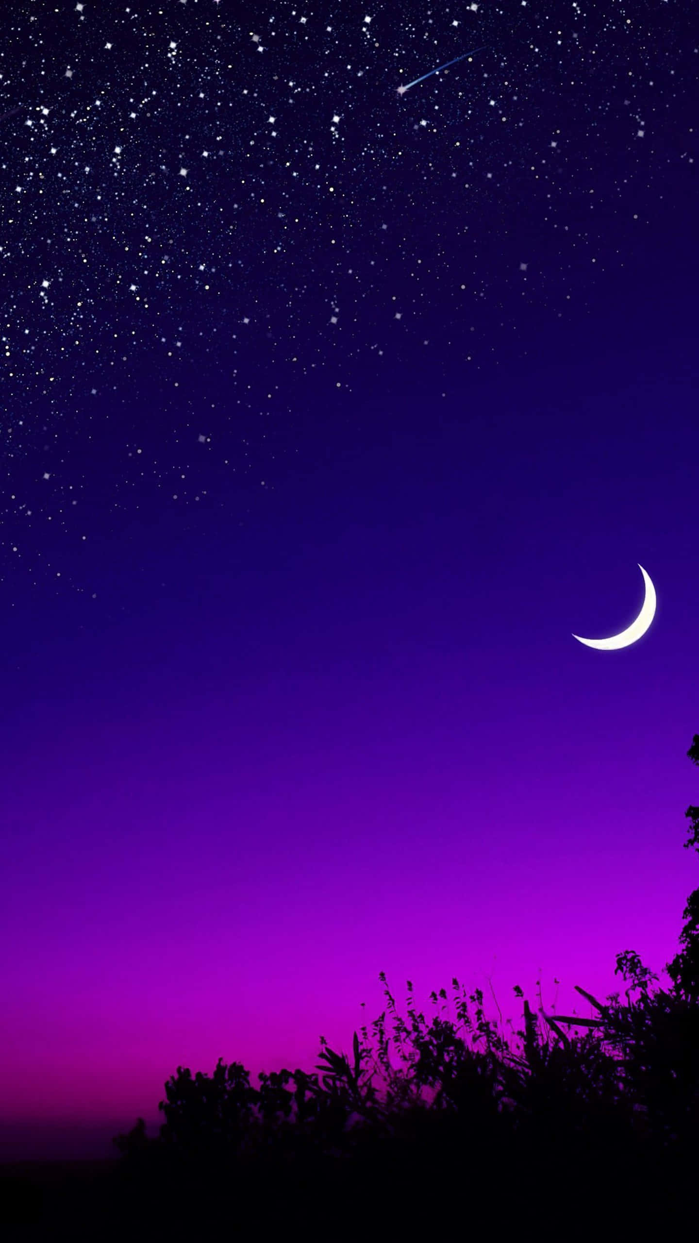 starry night sky, crescent moon, vibrant purple twilight sky, 2K Phone Wallpaper