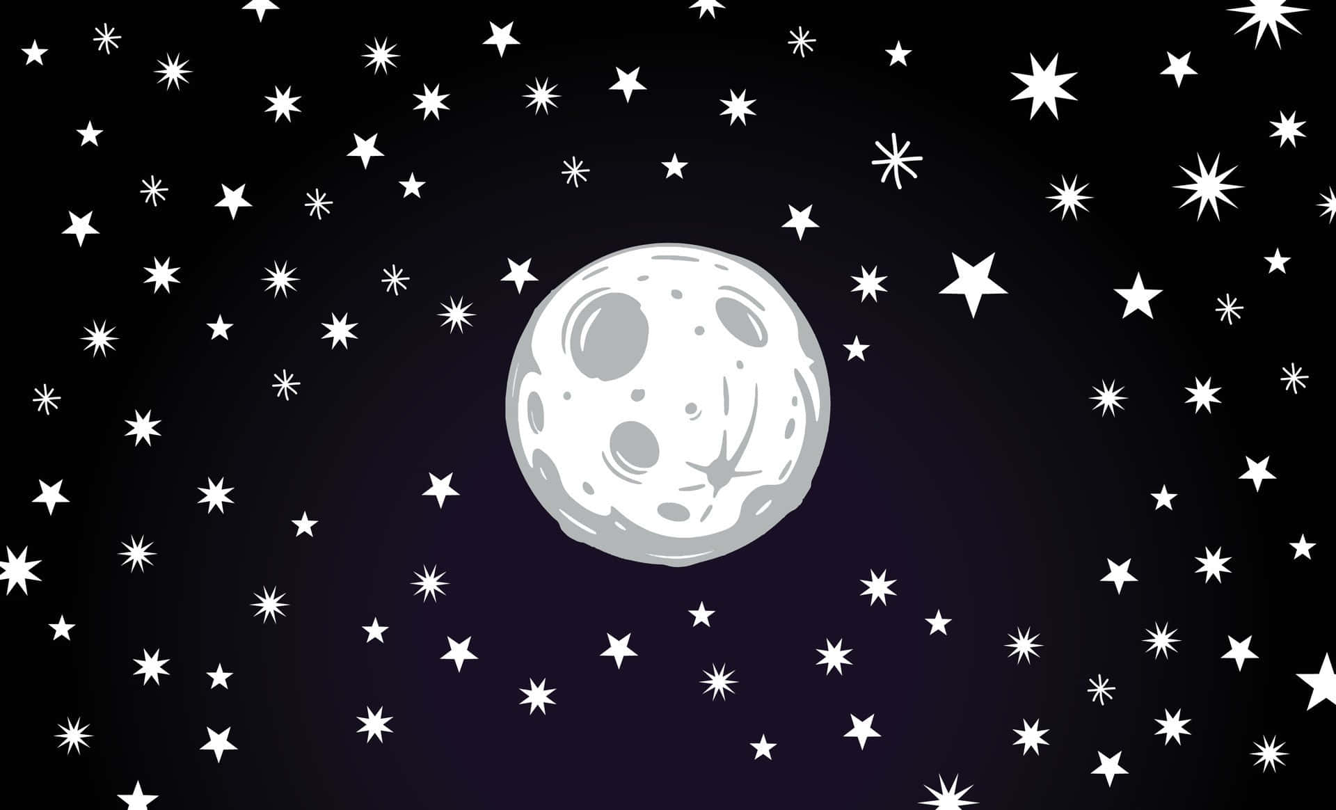 starry night sky, cartoon moon, craters, Full HD Desktop Wallpaper