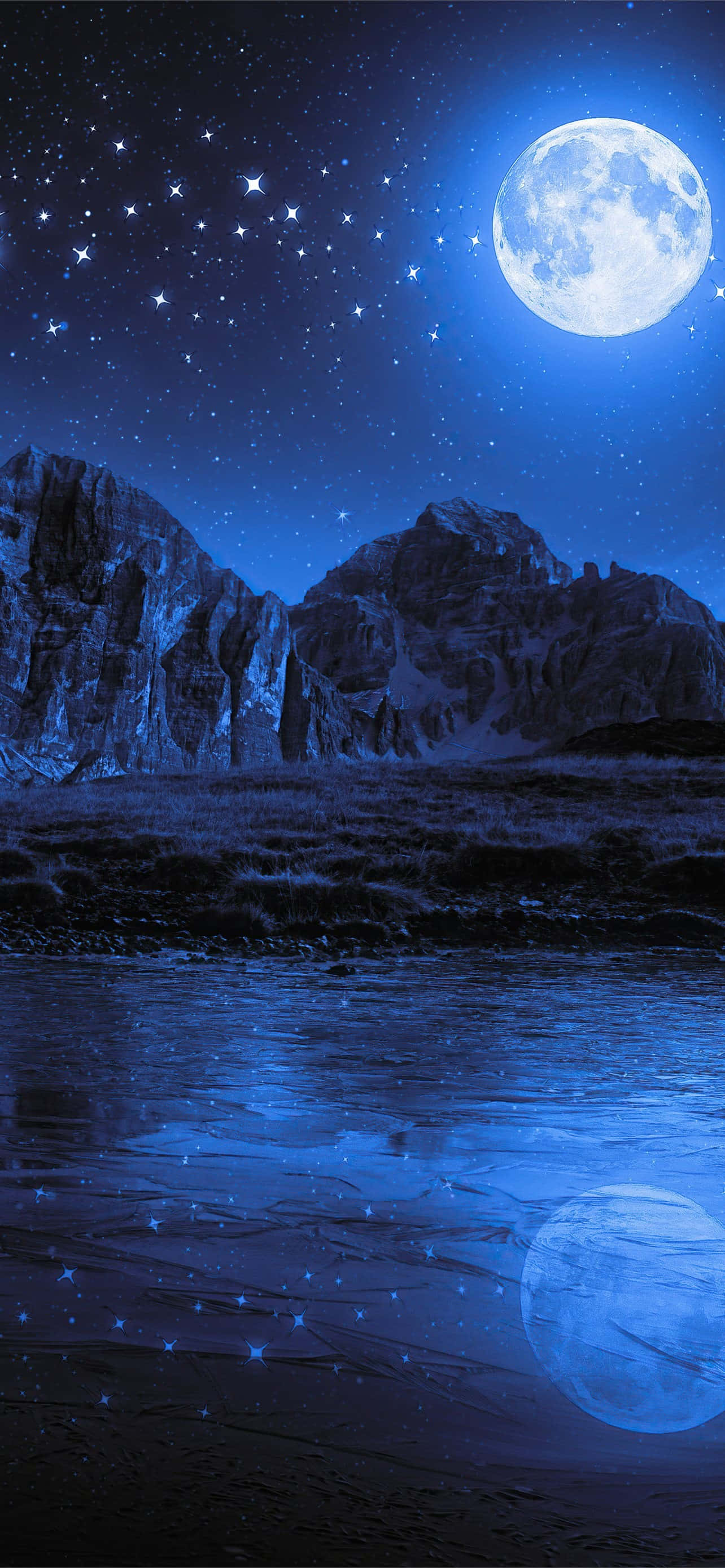 full moon, stars, calm river, 2K Phone Wallpaper