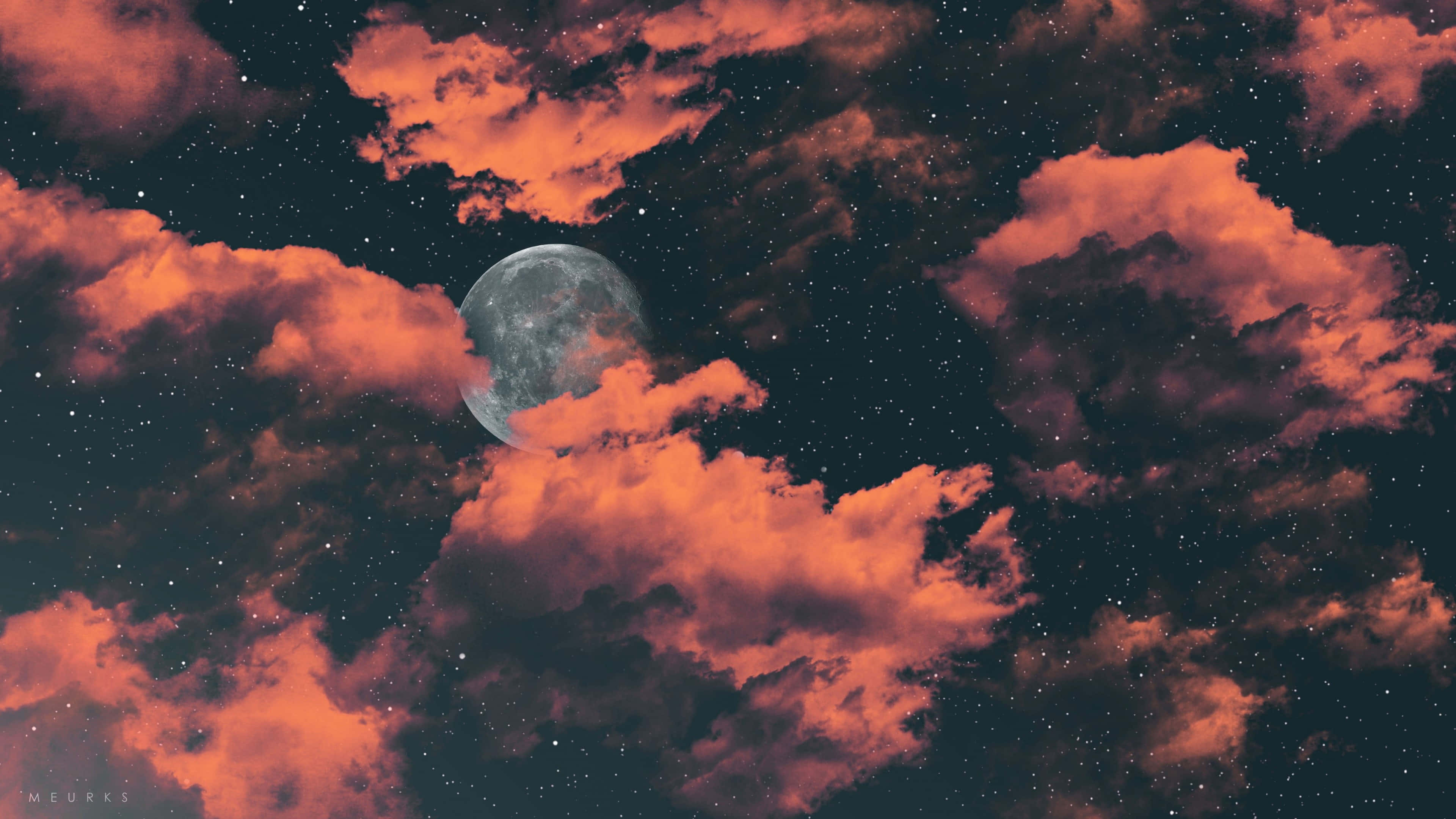 crimson clouds, moonlit night sky, luminous moon, 4K Desktop Wallpaper