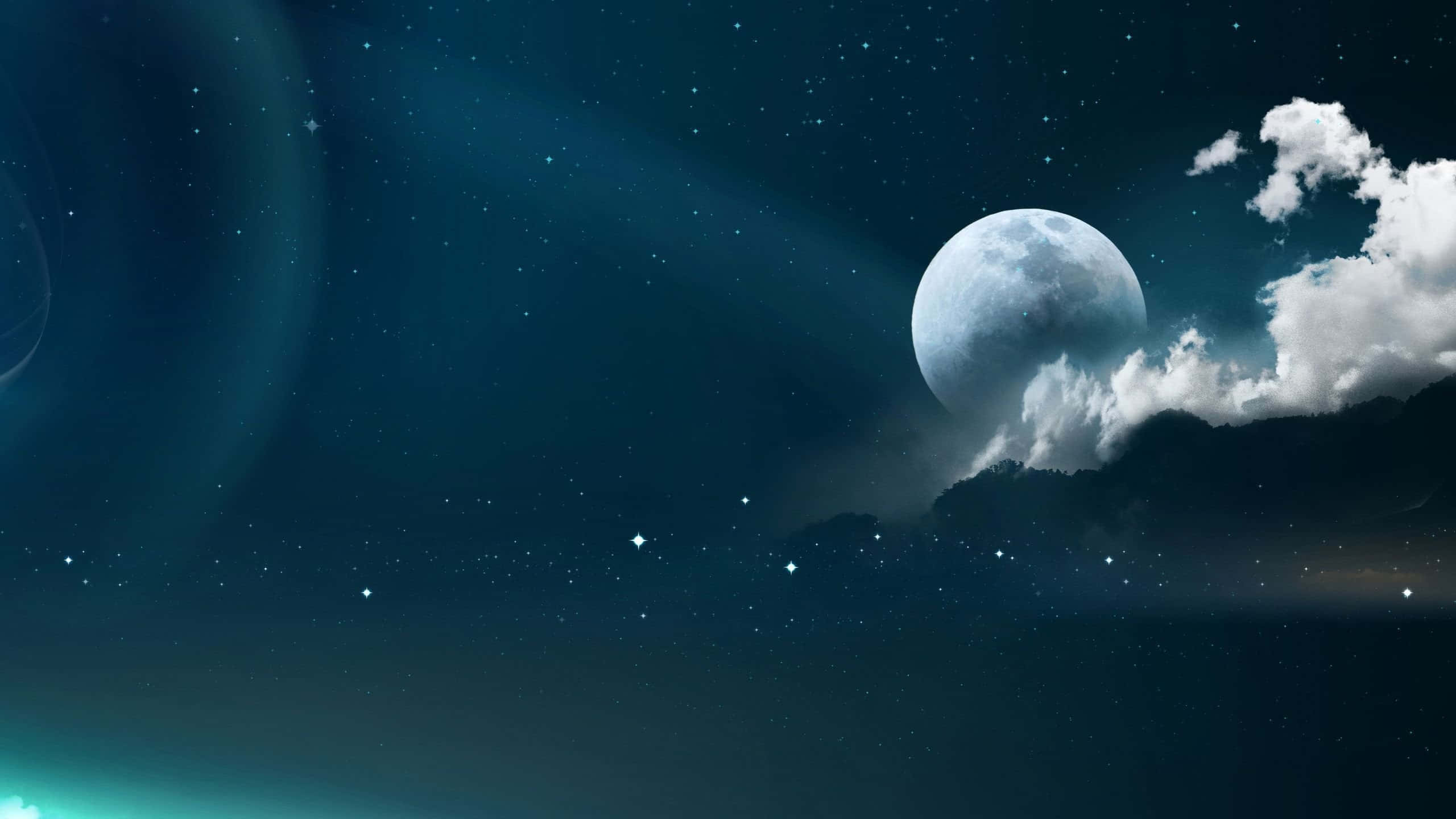 crescent moon, starry night sky, fluffy clouds, 2K Desktop Wallpaper