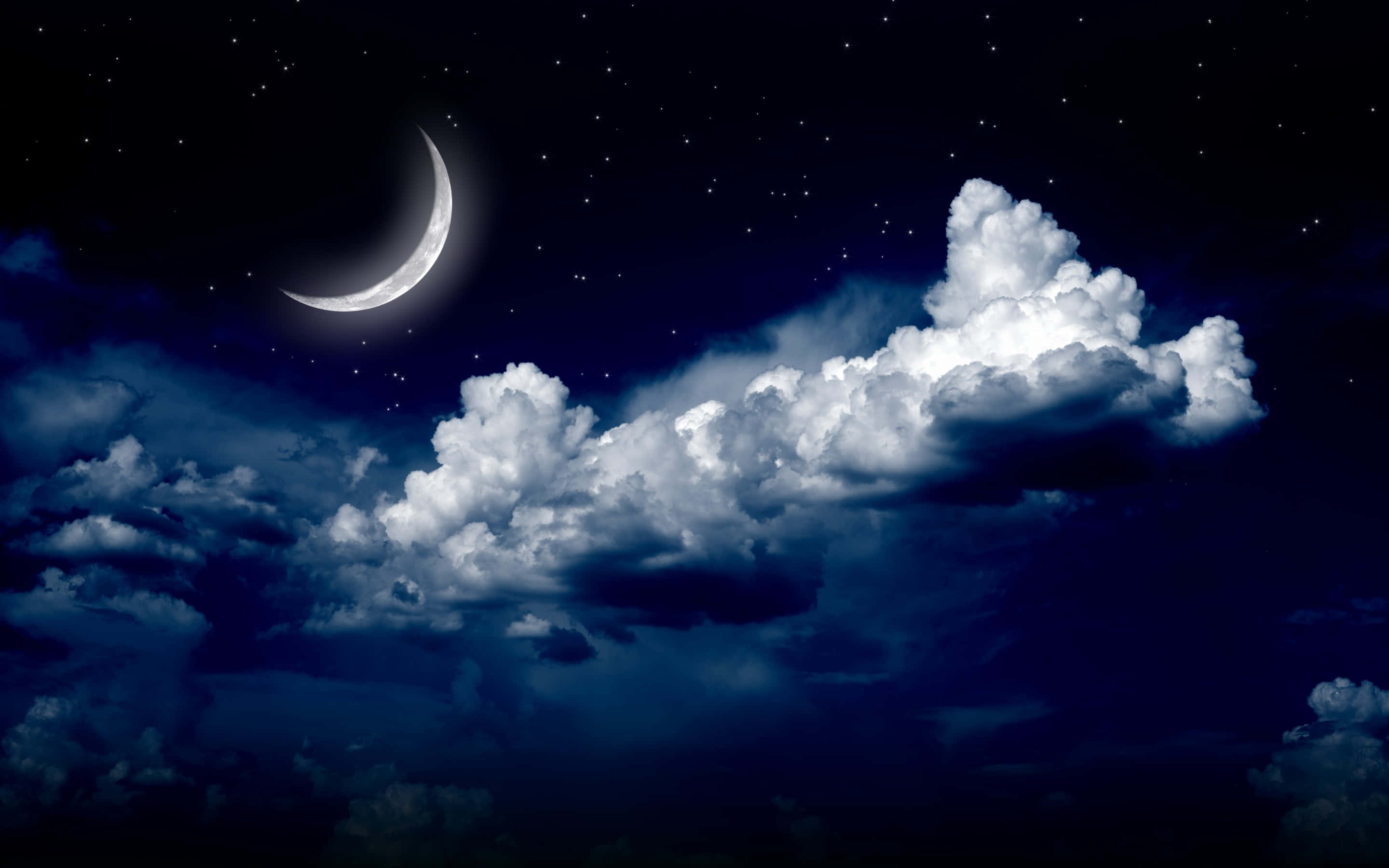 crescent moon, dramatic cloud formation, starry night sky, 2K Desktop Wallpaper