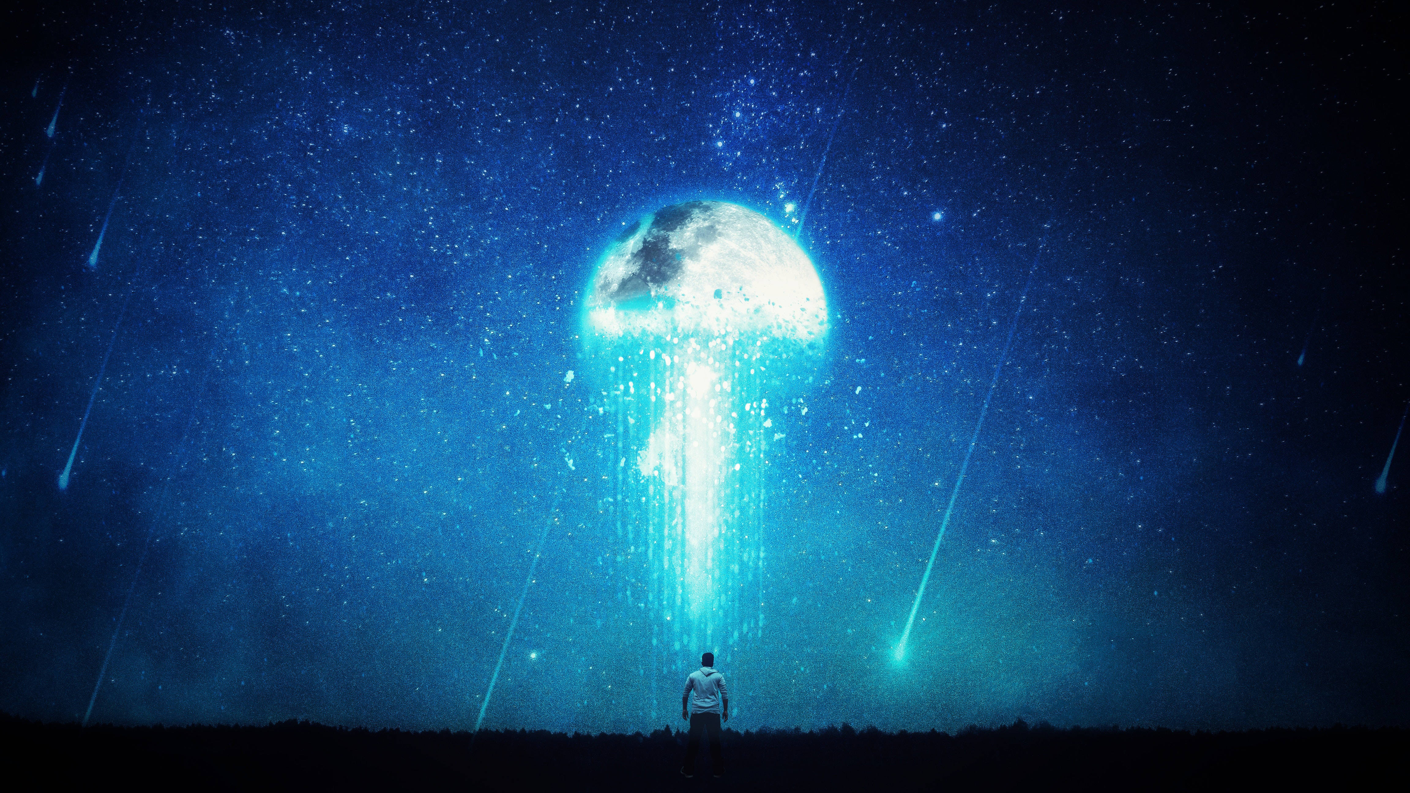 glowing blue jellyfish-shaped moon, starry night sky, falling meteors, 4K Desktop Wallpaper