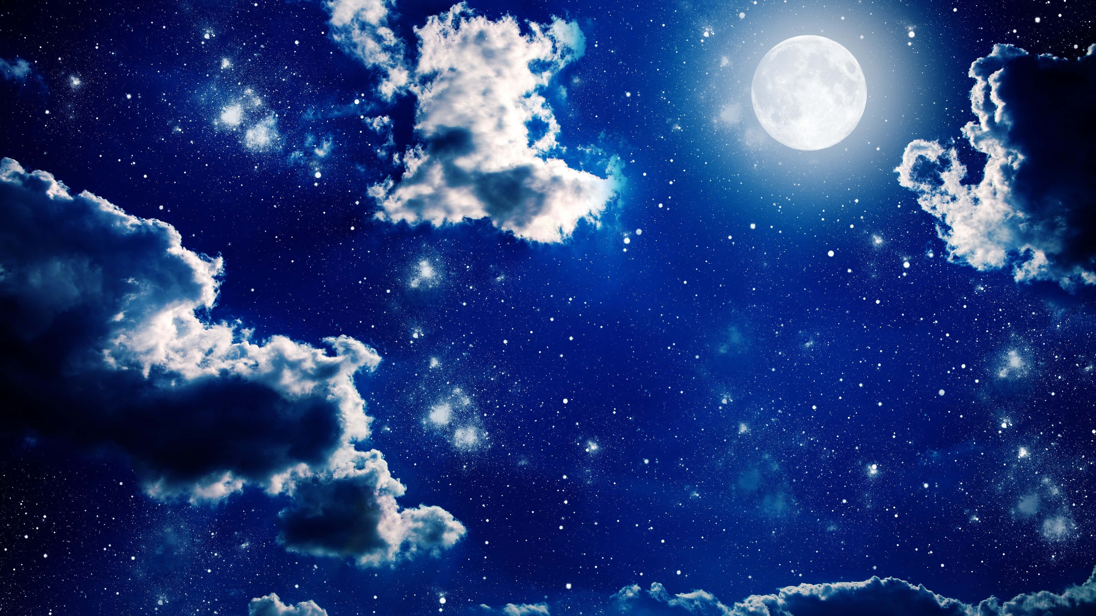 dark blue starry night sky, full moon, wispy clouds, 4K Desktop Wallpaper