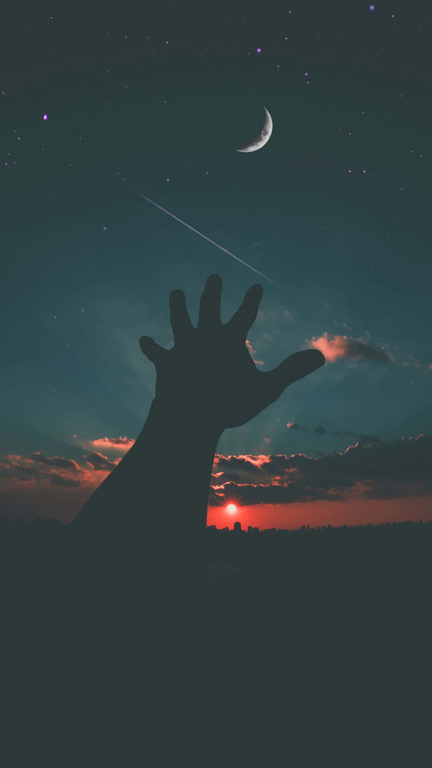 hand, crescent moon, shooting star, 2K Phone Wallpaper