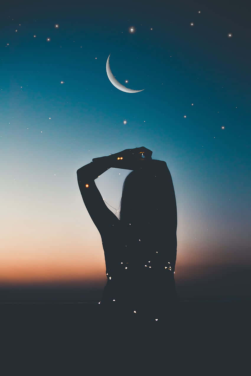 girl silhouette, crescent moon, stars, SD Phone Wallpaper