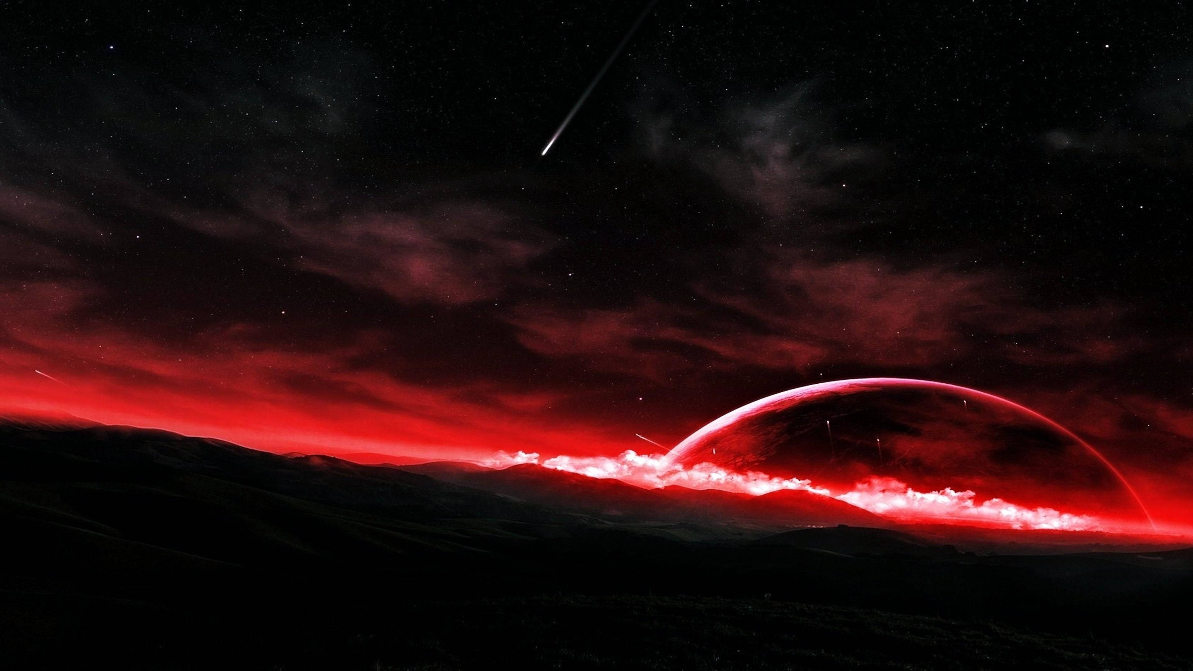 red moon, starry sky, fiery red auroras, 4K Desktop Wallpaper