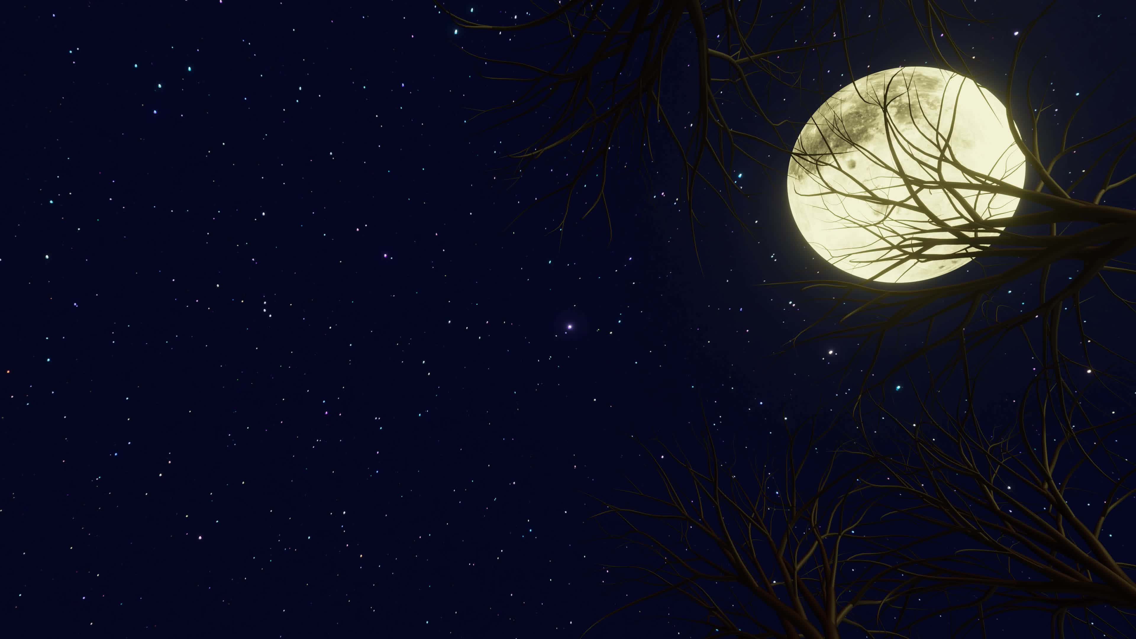 Spooky Tree, yellowish night sky, full moon, 4K Desktop Wallpaper