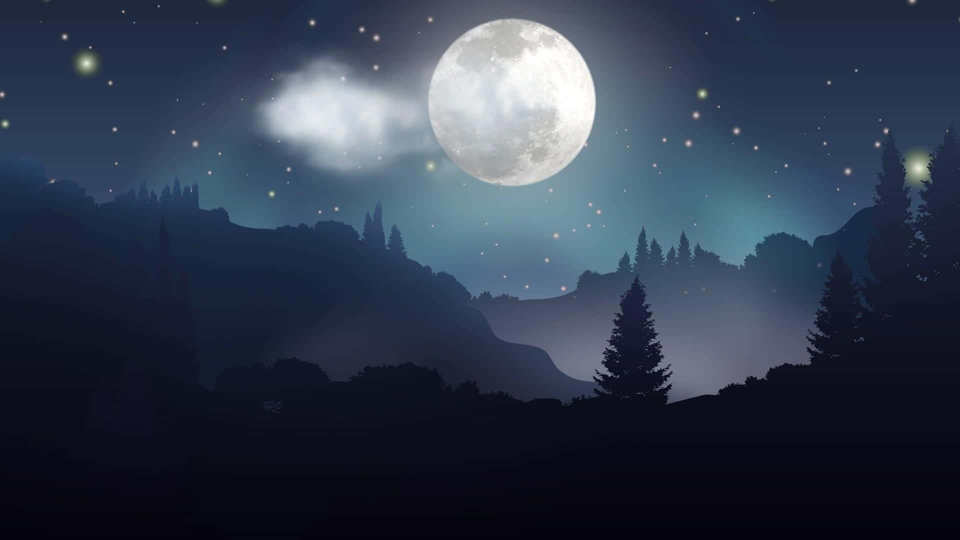 Starry Night Sky Moon, full moon, silhouetted mountains, Full HD Desktop Wallpaper