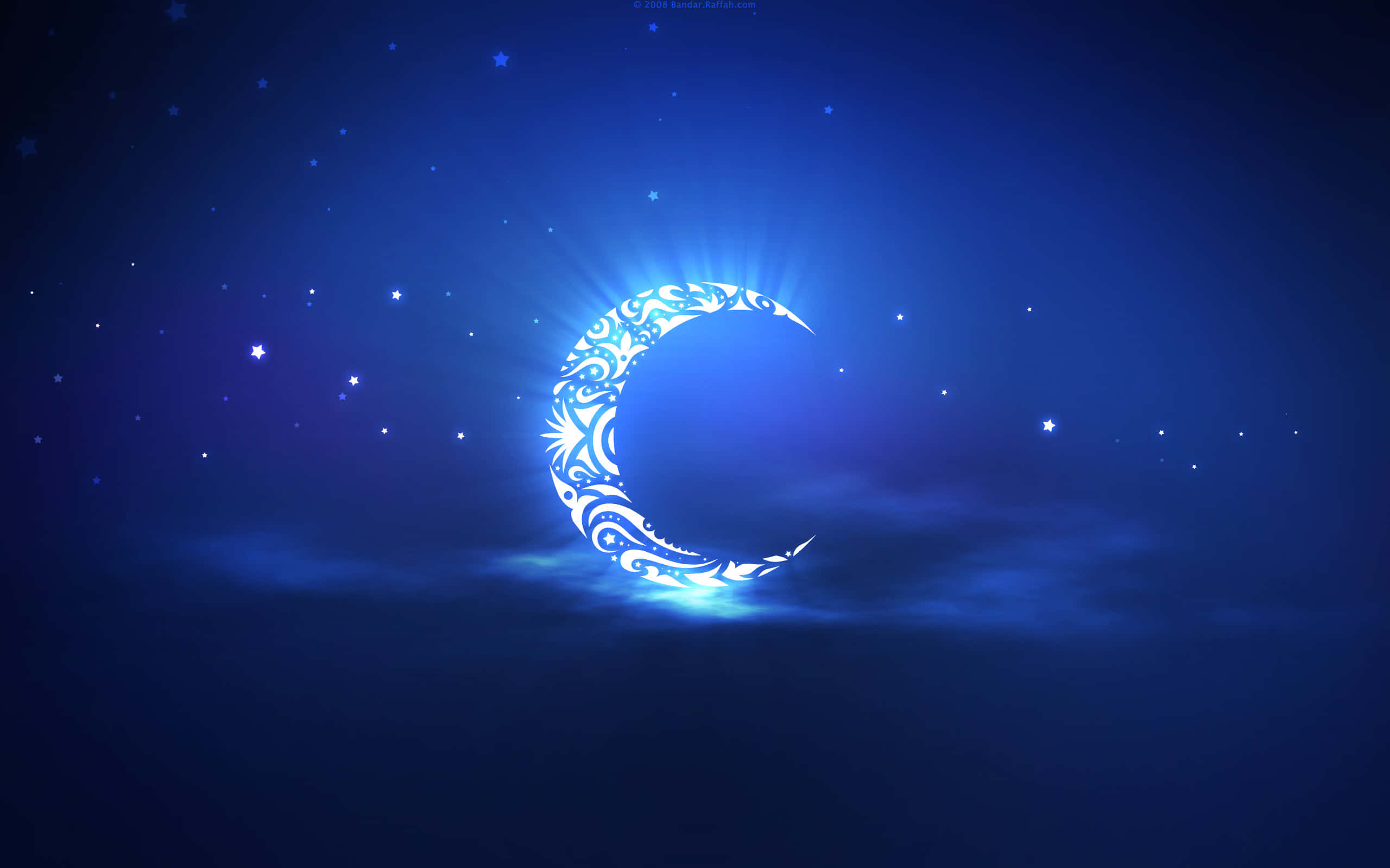 crescent moon, deep blue starry night sky, soft clouds, 2K Desktop Wallpaper