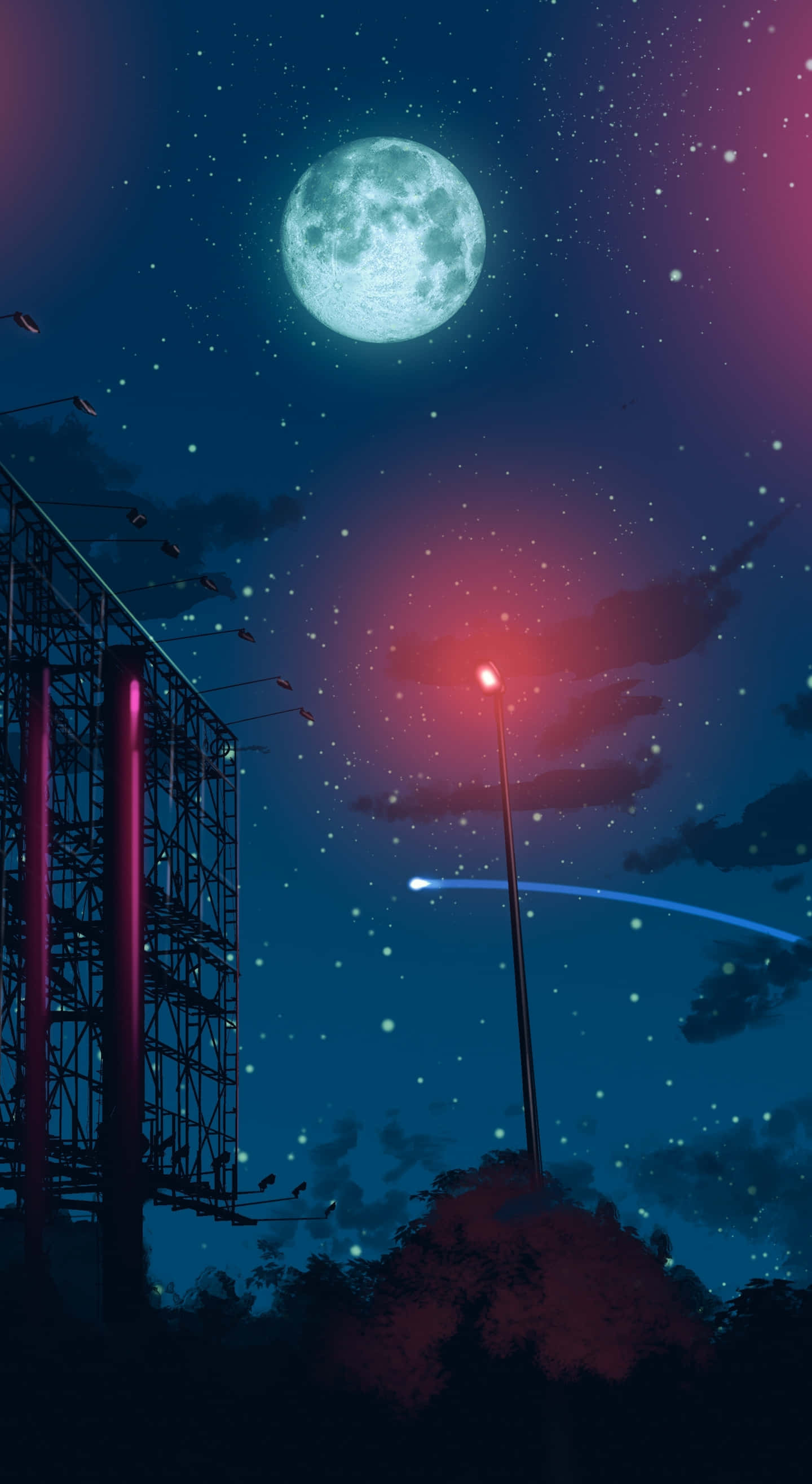 Night Sky Moon, shooting star, neon-lit urban nightscape, 2K Phone Wallpaper