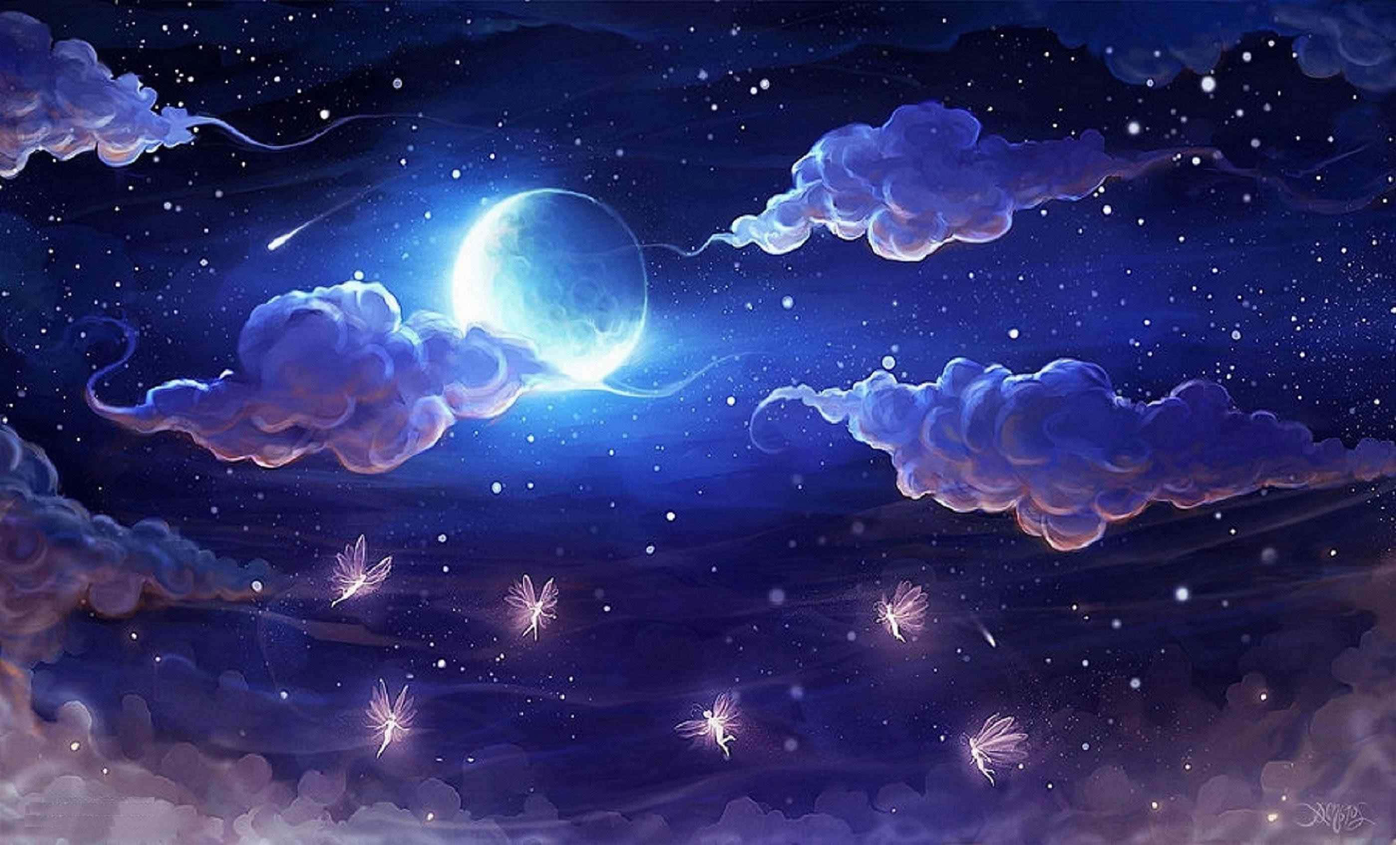 Fairies, Starry Night Sky, Moon, 2K Desktop Wallpaper