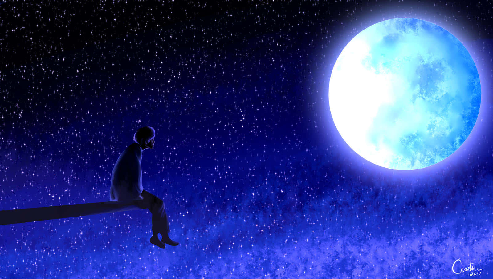 massive glowing blue moon, starry night sky, lone figure, HD Desktop Wallpaper