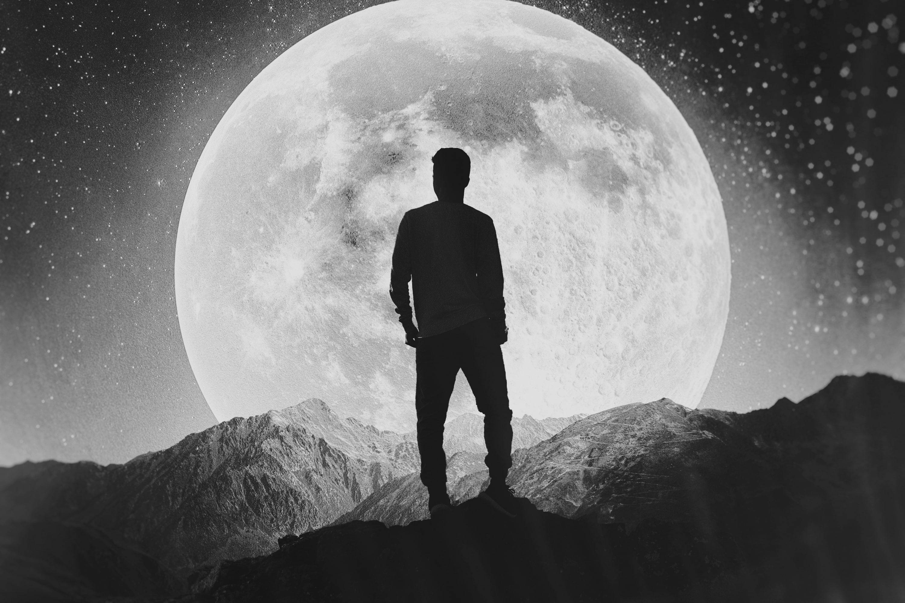 monochrome feeling alone moon, lone figure, mountain ridge, 2K Desktop Wallpaper