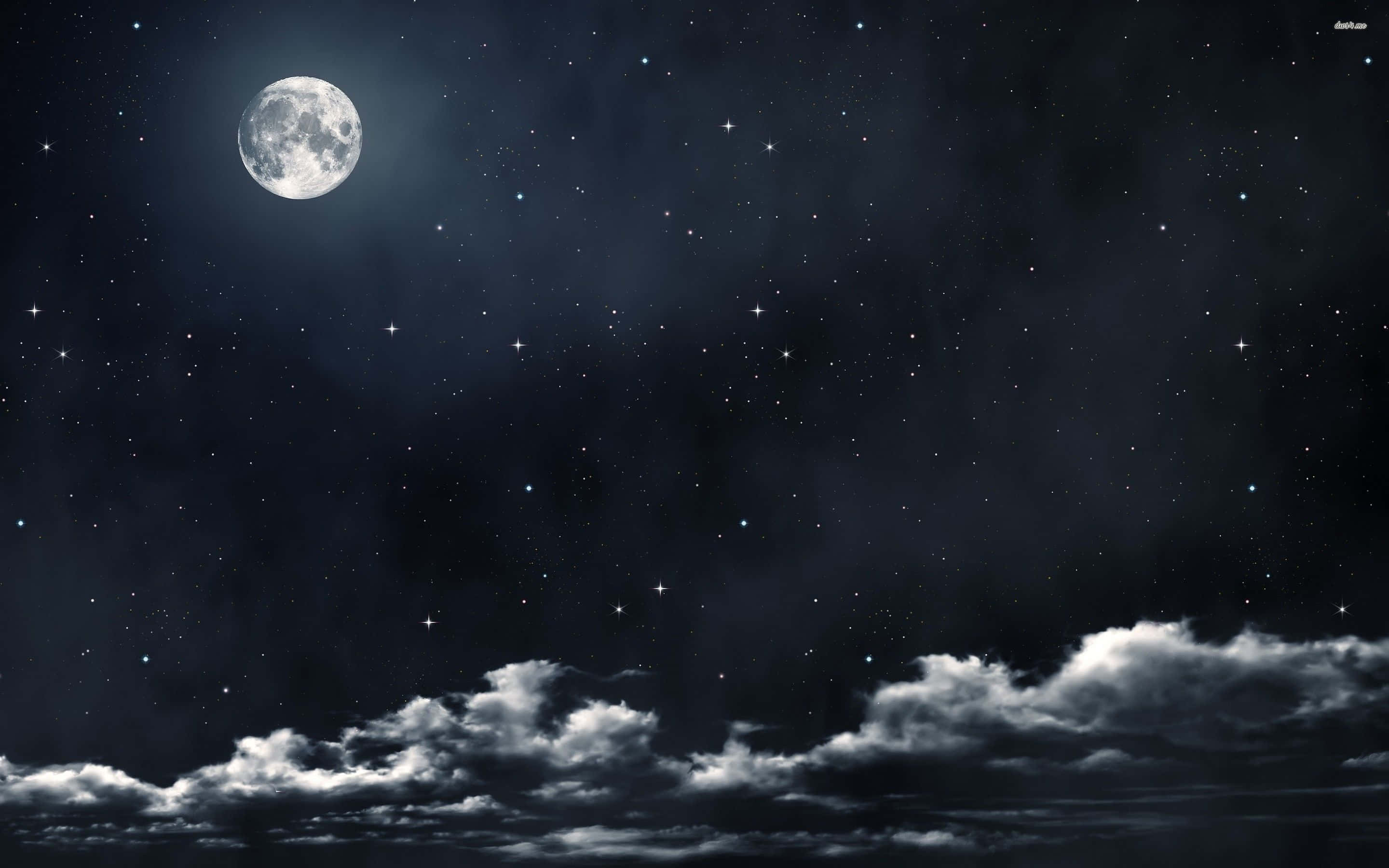 hazy dark starry night sky moon, luminous full moon, starry night sky, 2K Desktop Wallpaper