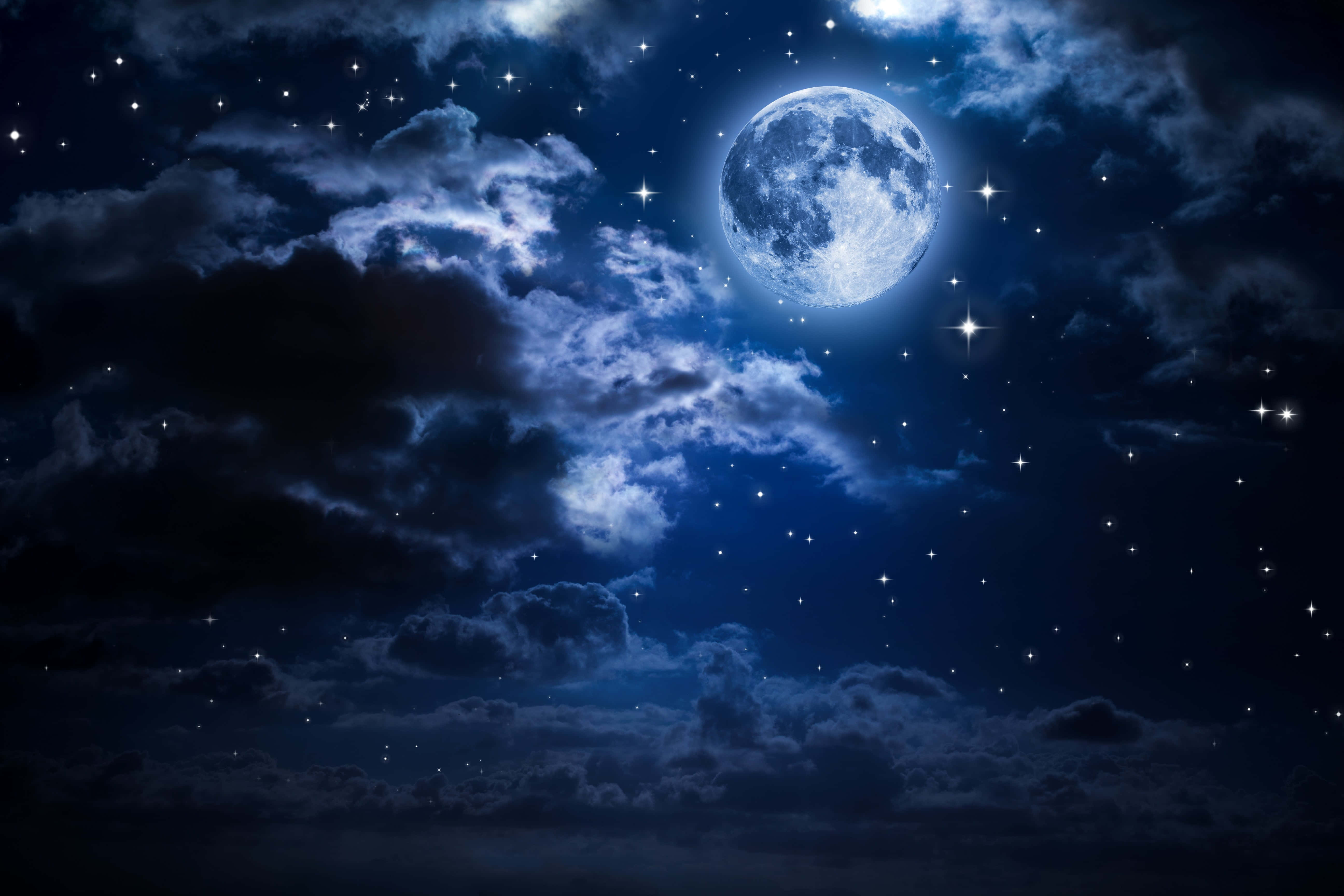 full moon, wispy clouds, starry midnight sky, 5K Desktop Wallpaper