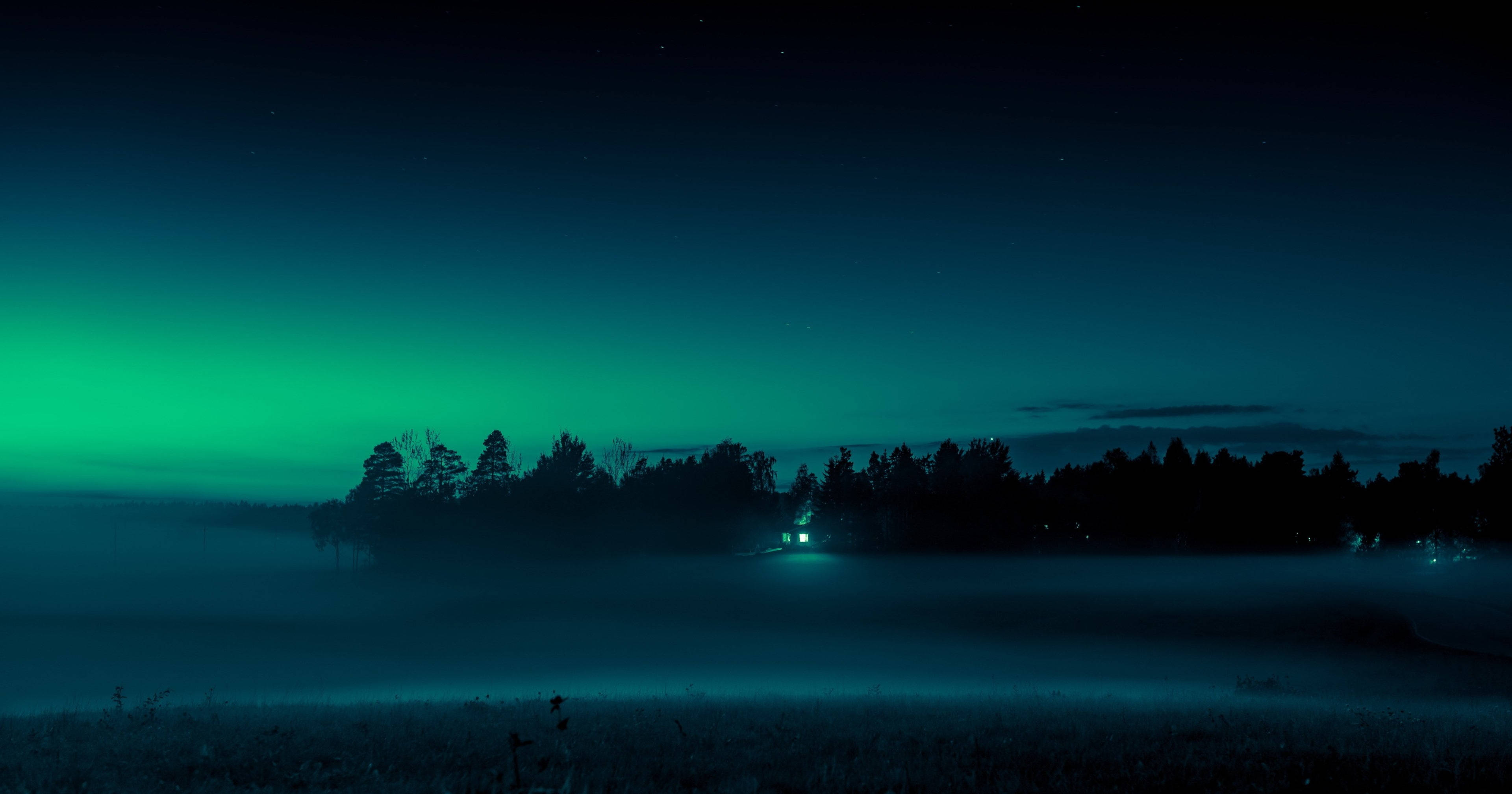 Green Night Sky, aurora, misty night sky, 4K Desktop Wallpaper