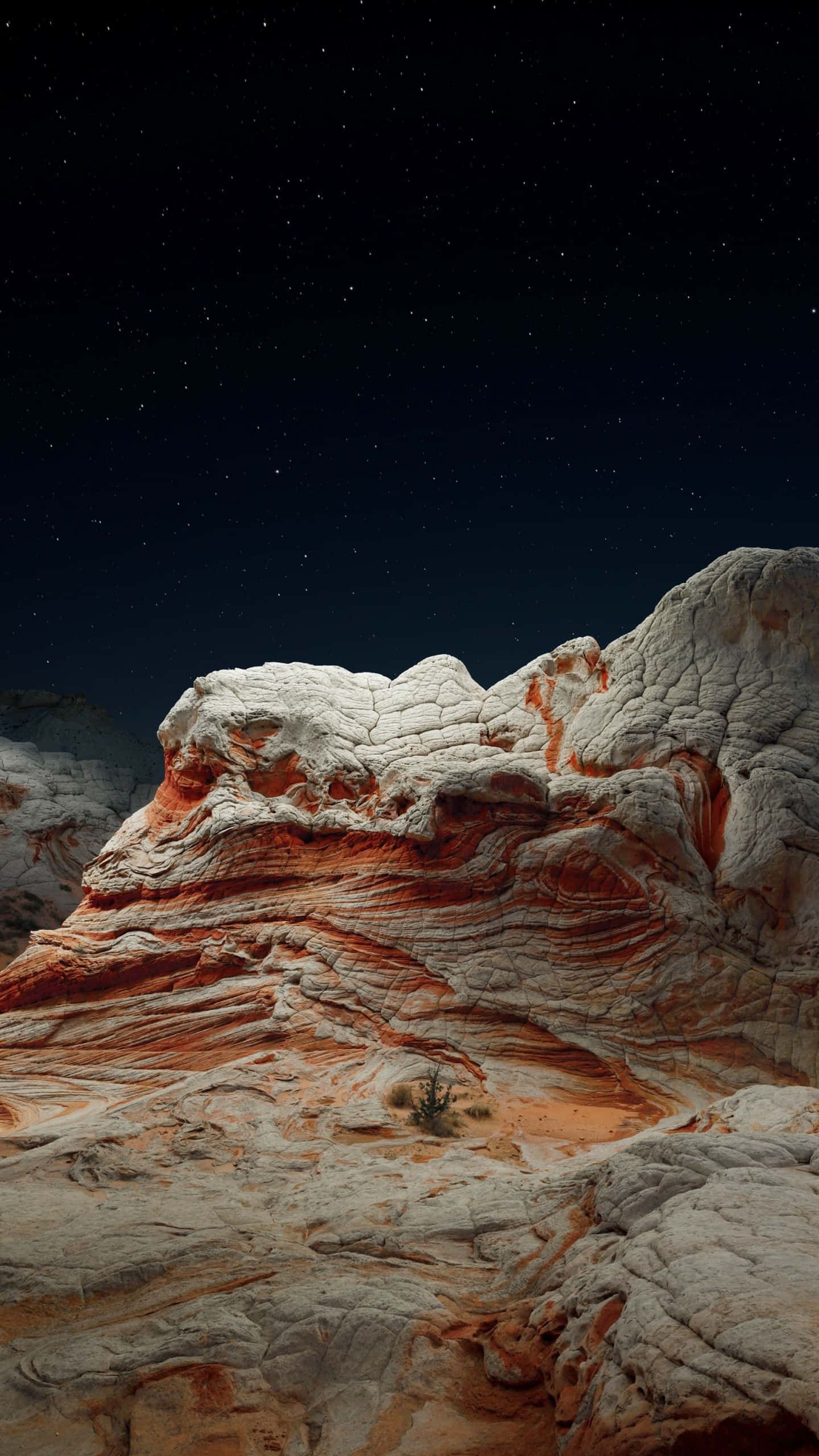 desert, starry night sky, snow-dusted red rock formation, 2K Phone Wallpaper