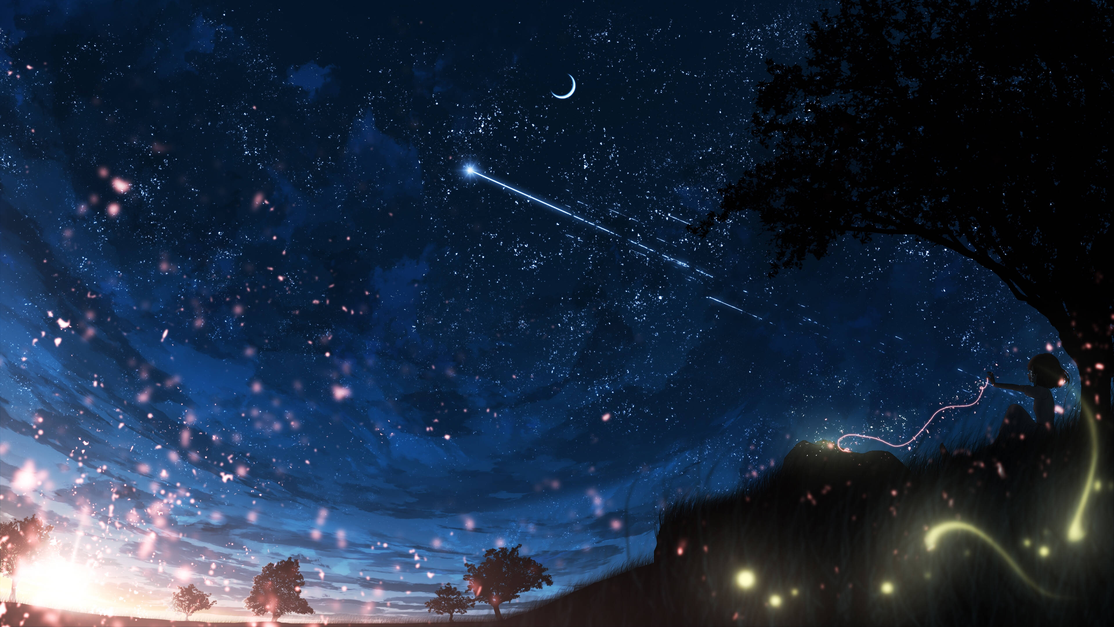 Anime Scenery 4K, shooting star, crescent moon, 4K Desktop Wallpaper