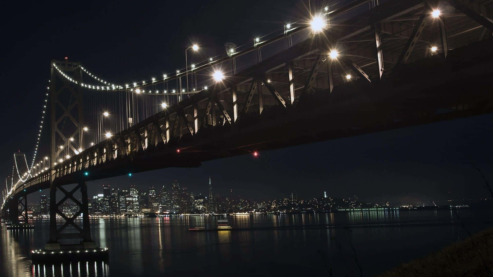Nighttime Cityscape Bridge Illumination, suspension bridge, dark bay, Full HD Desktop Wallpaper